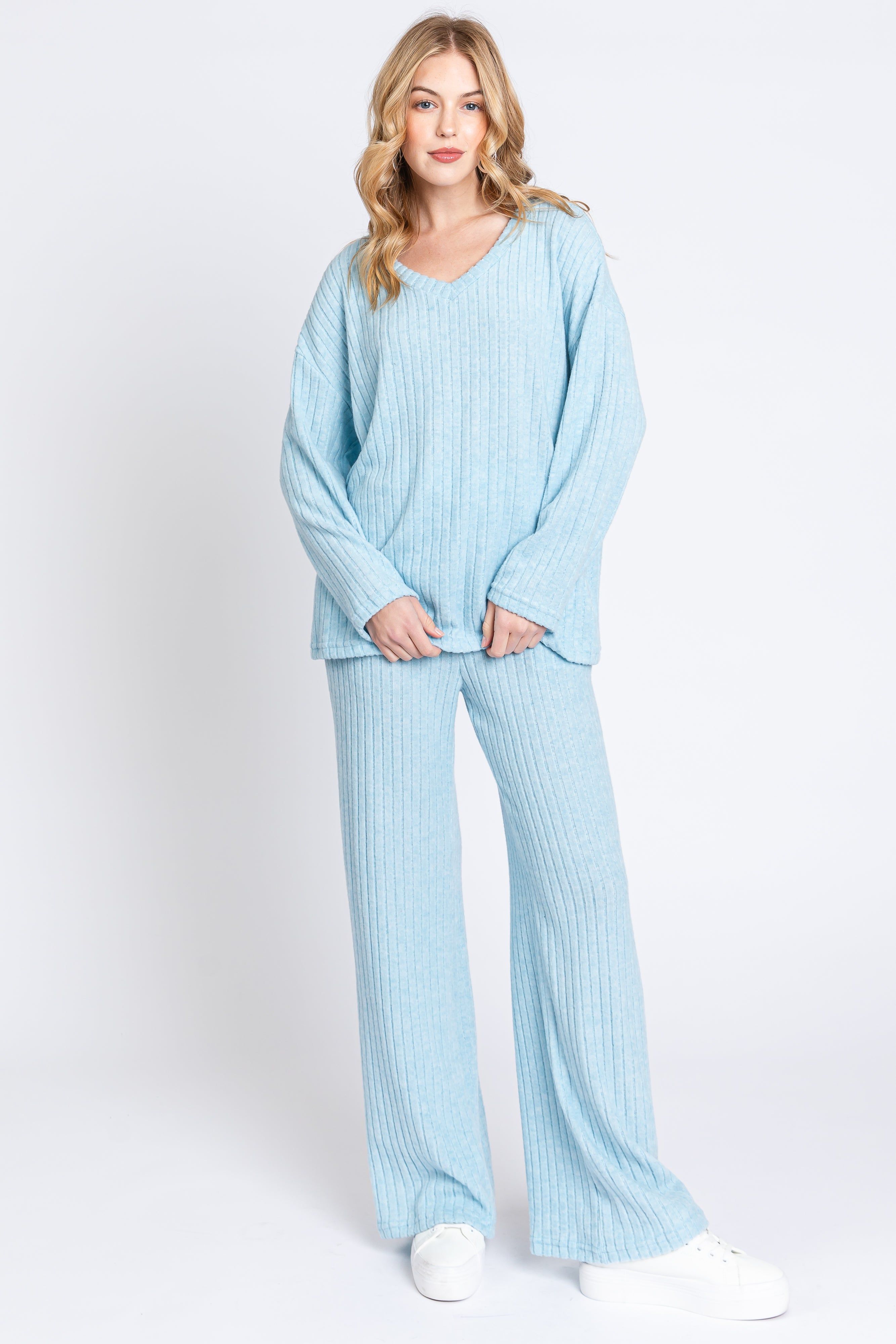 Light Blue Ribbed Soft Knit Long Sleeve Maternity Pajama Set sold by Pinkblush product image thumbnail 4