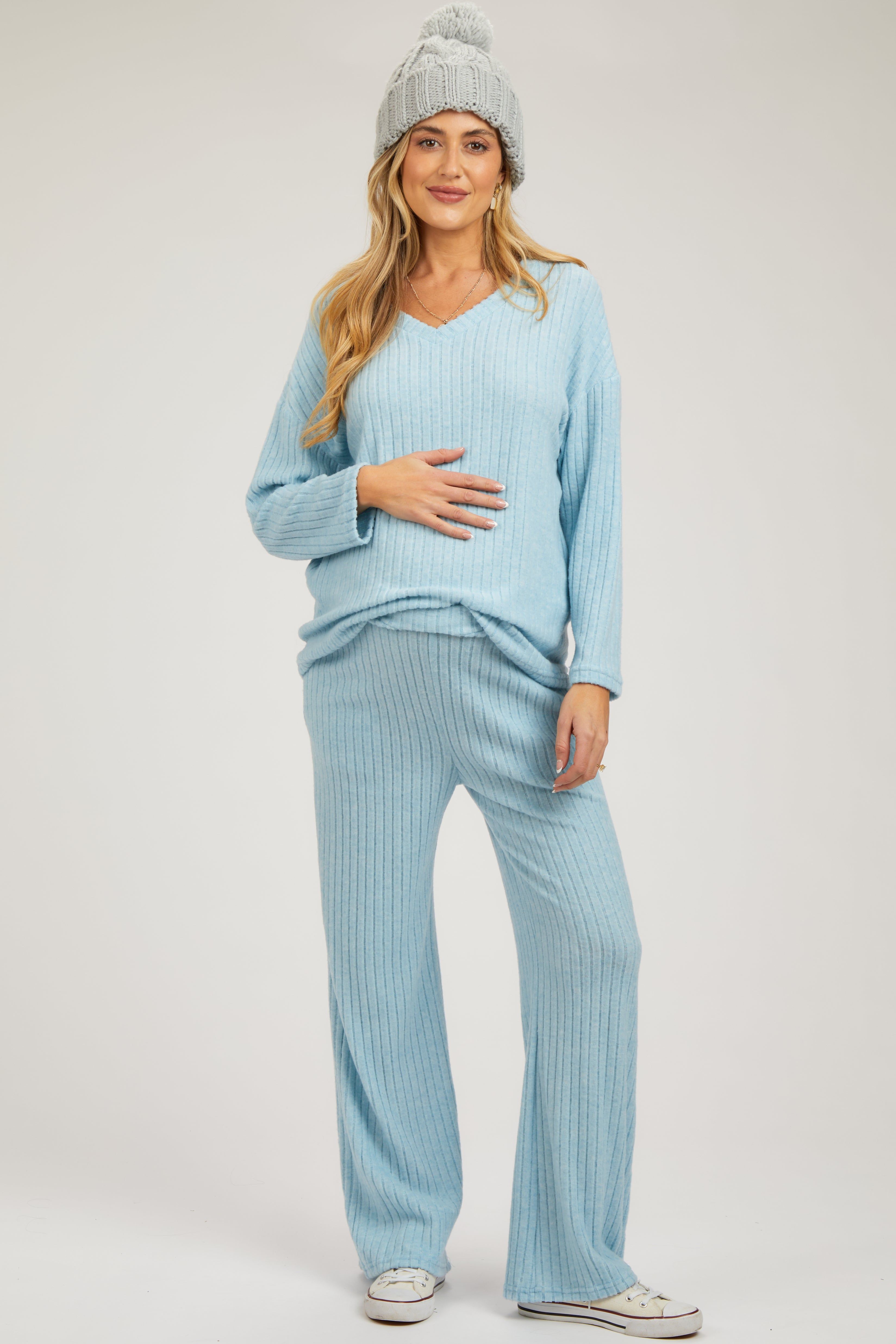 Light Blue Ribbed Soft Knit Long Sleeve Maternity Pajama Set sold by Pinkblush