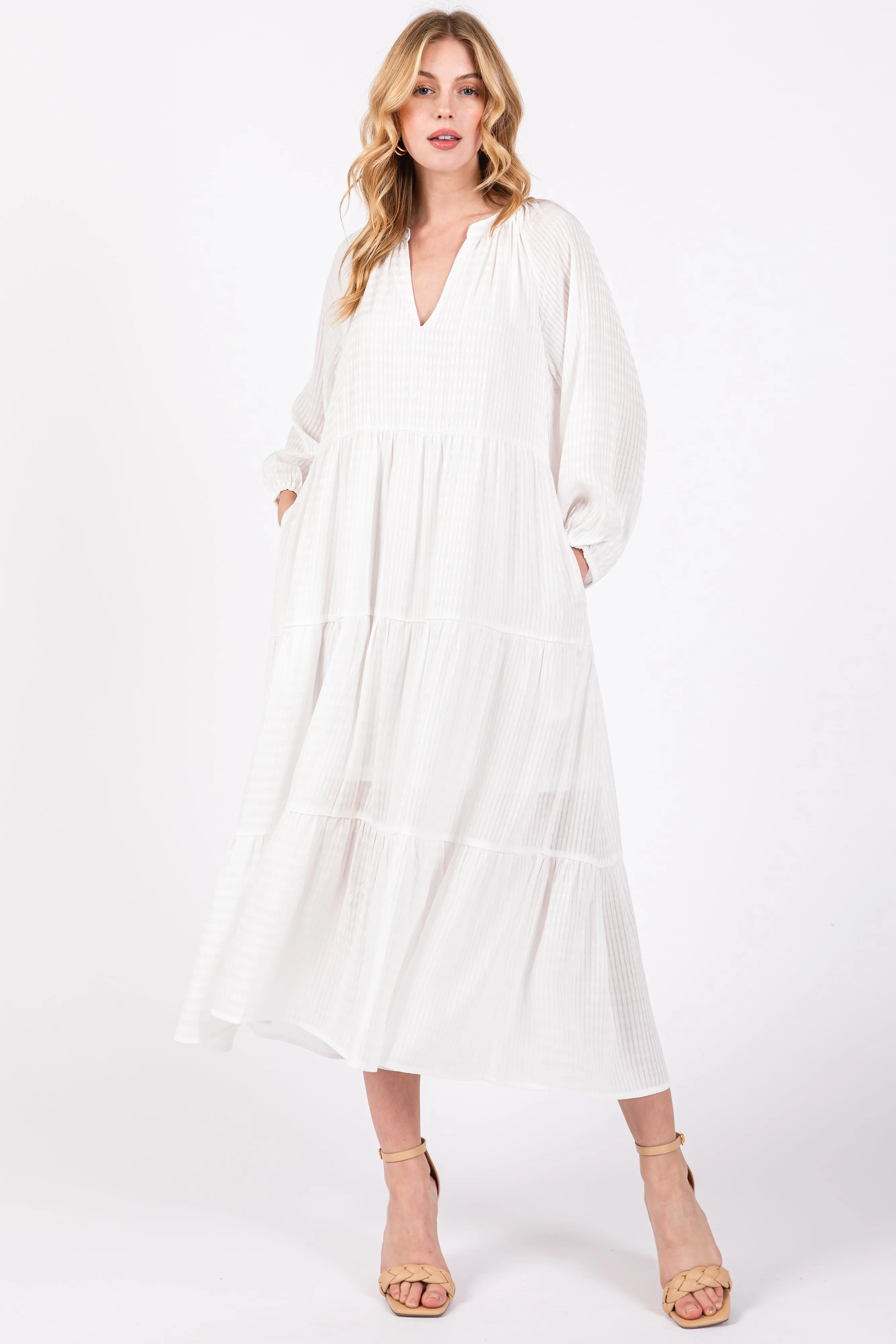 White Textured Tiered Maternity Midi Dress sold by Pinkblush product image thumbnail 4