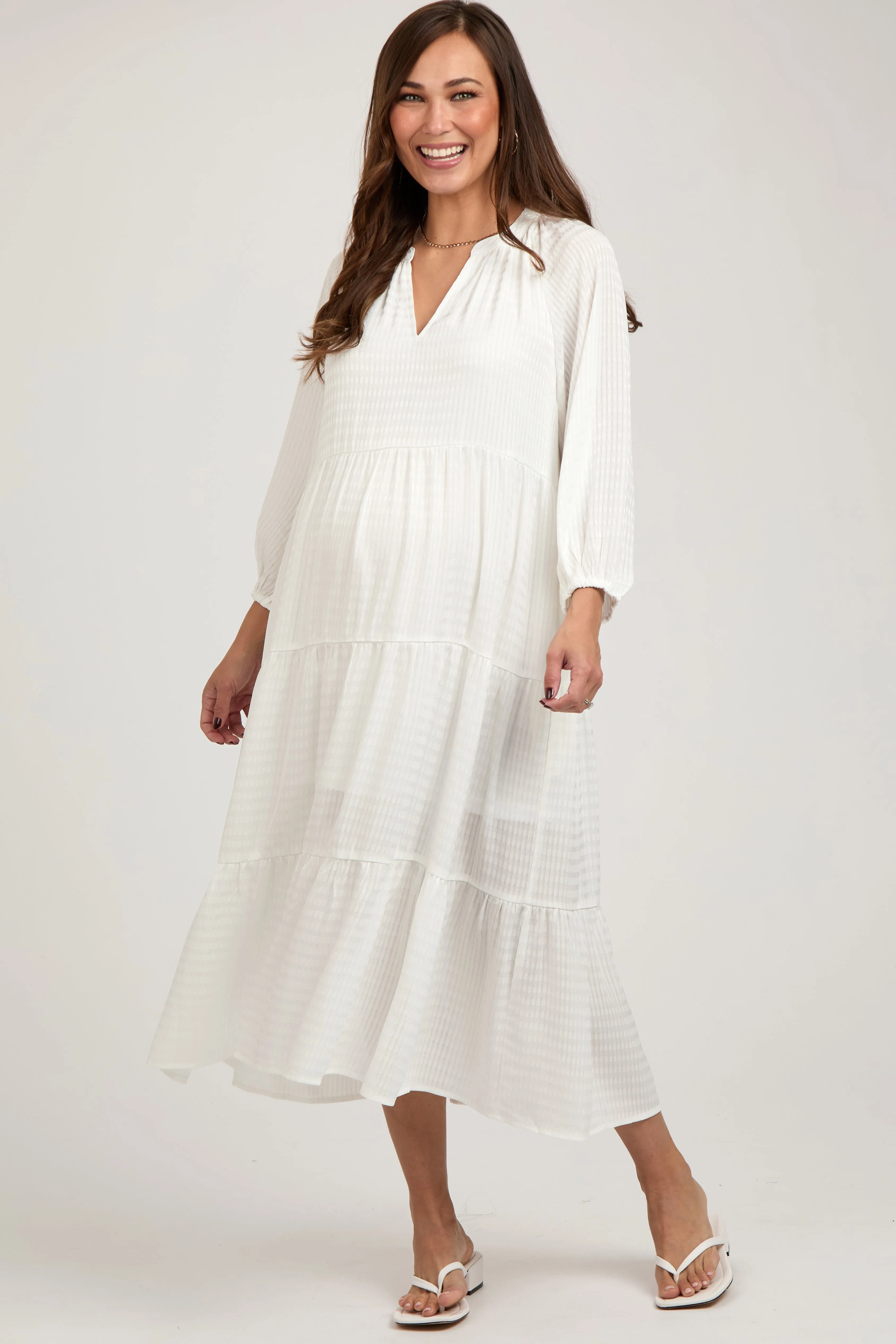 White Textured Tiered Maternity Midi Dress sold by Pinkblush