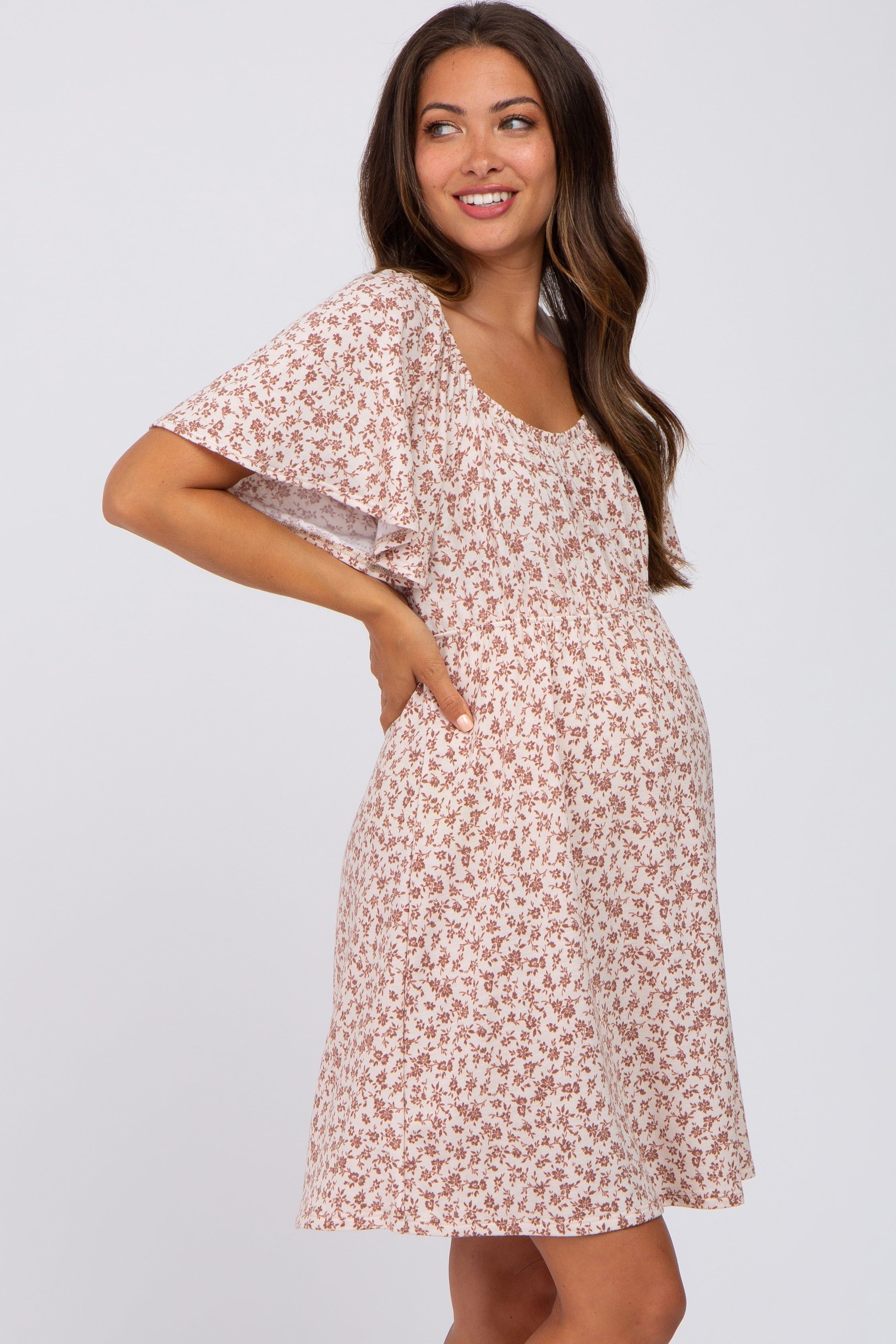 Cream Floral Short Sleeve Maternity Dress sold by Pinkblush product image thumbnail 2