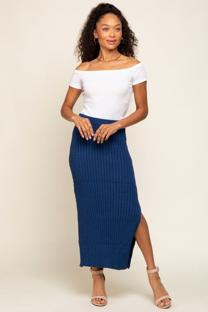Navy Blue Ribbed Side Slit Sweater Maternity Midi Skirt sold by Pinkblush product image thumbnail 6
