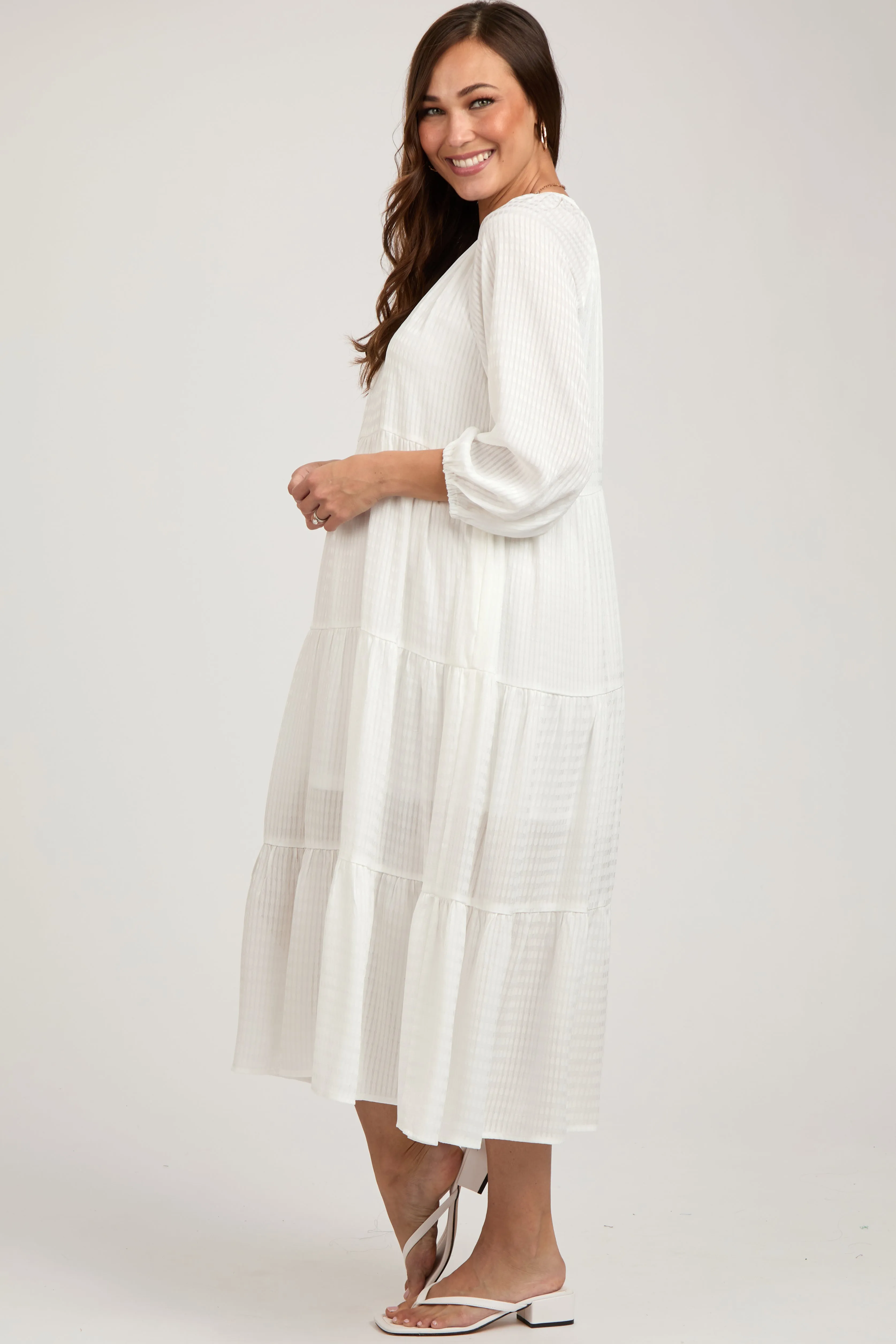 White Textured Tiered Maternity Midi Dress sold by Pinkblush product image thumbnail 2