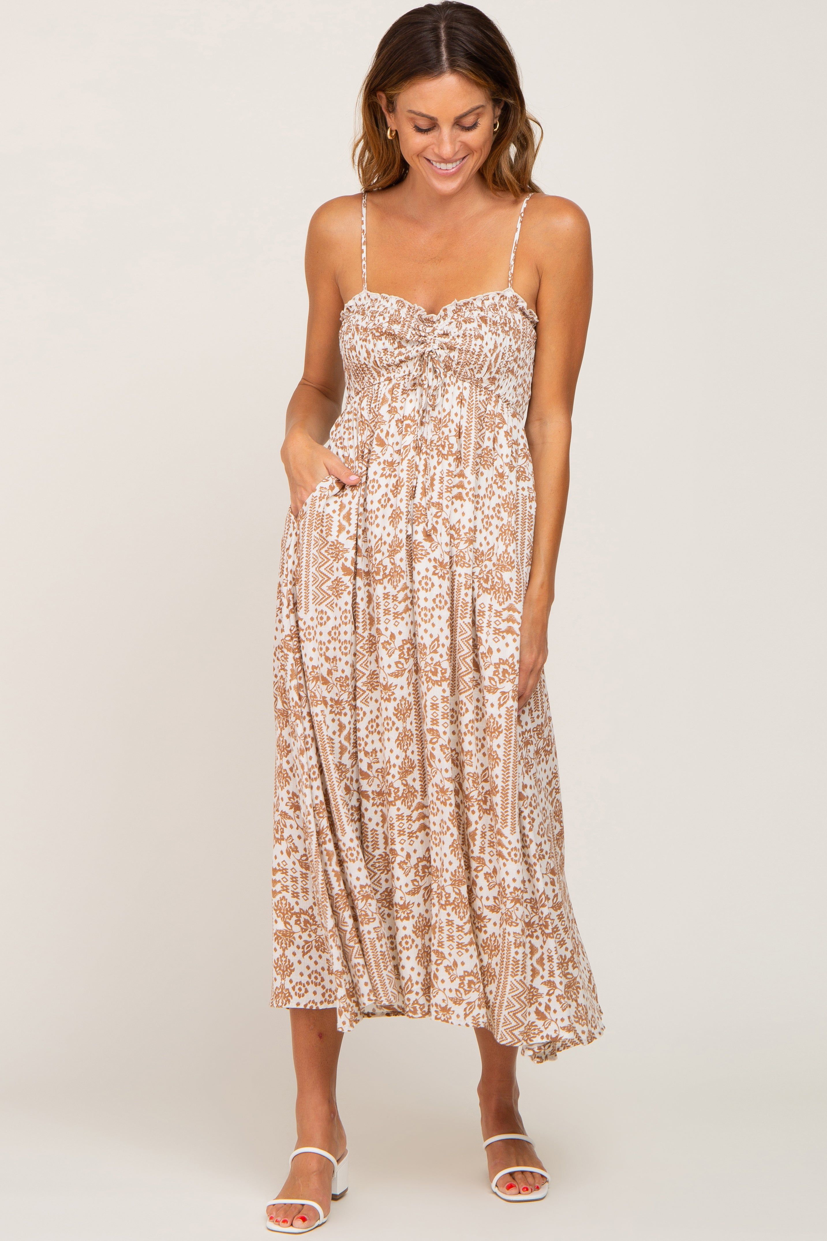 Cream Printed Sweetheart Neck Cinched Midi Dress sold by Pinkblush
