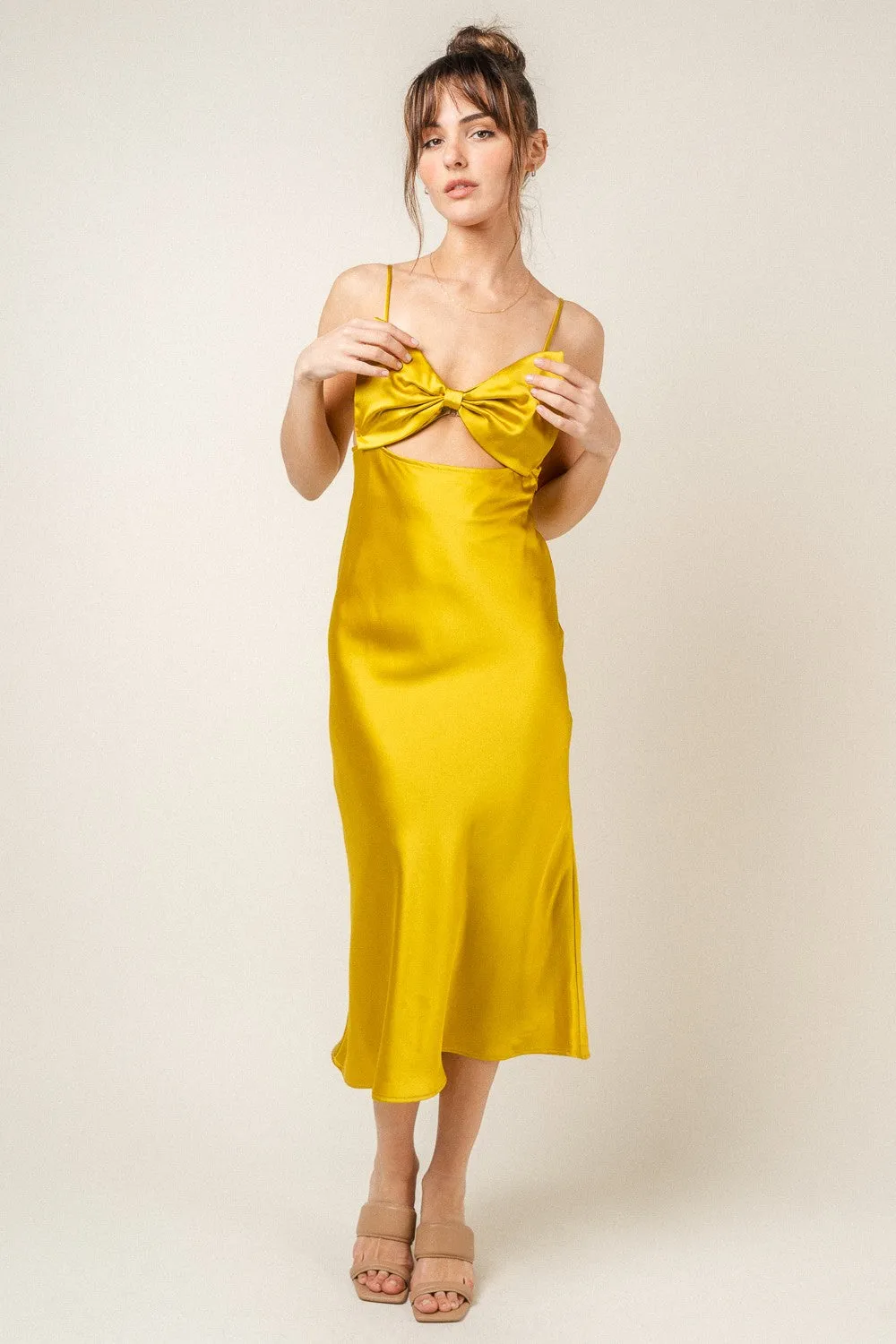 Yellow Bow Satin Slip Midi Dress sold by Pinkblush