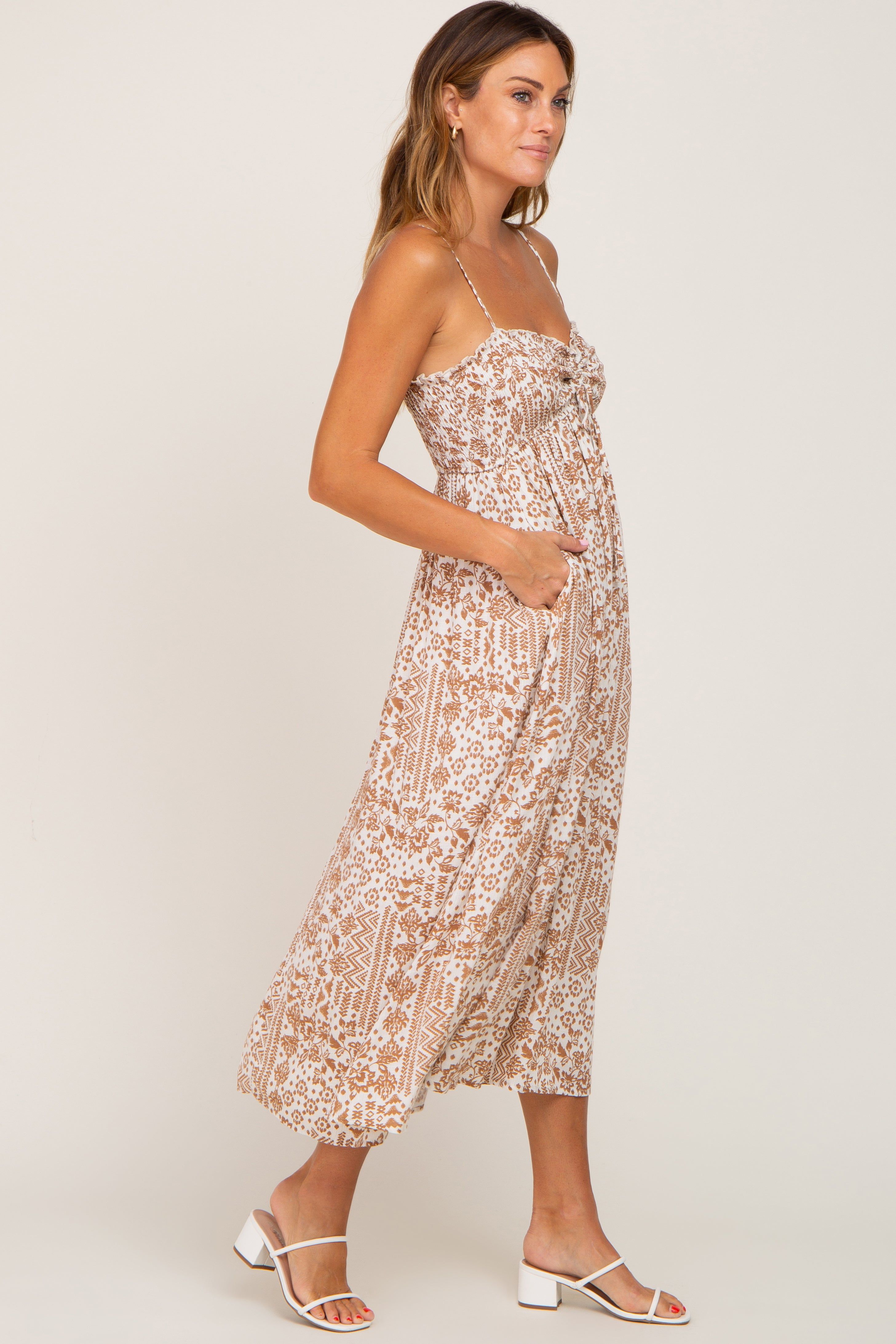 Cream Printed Sweetheart Neck Cinched Midi Dress sold by Pinkblush product image thumbnail 2