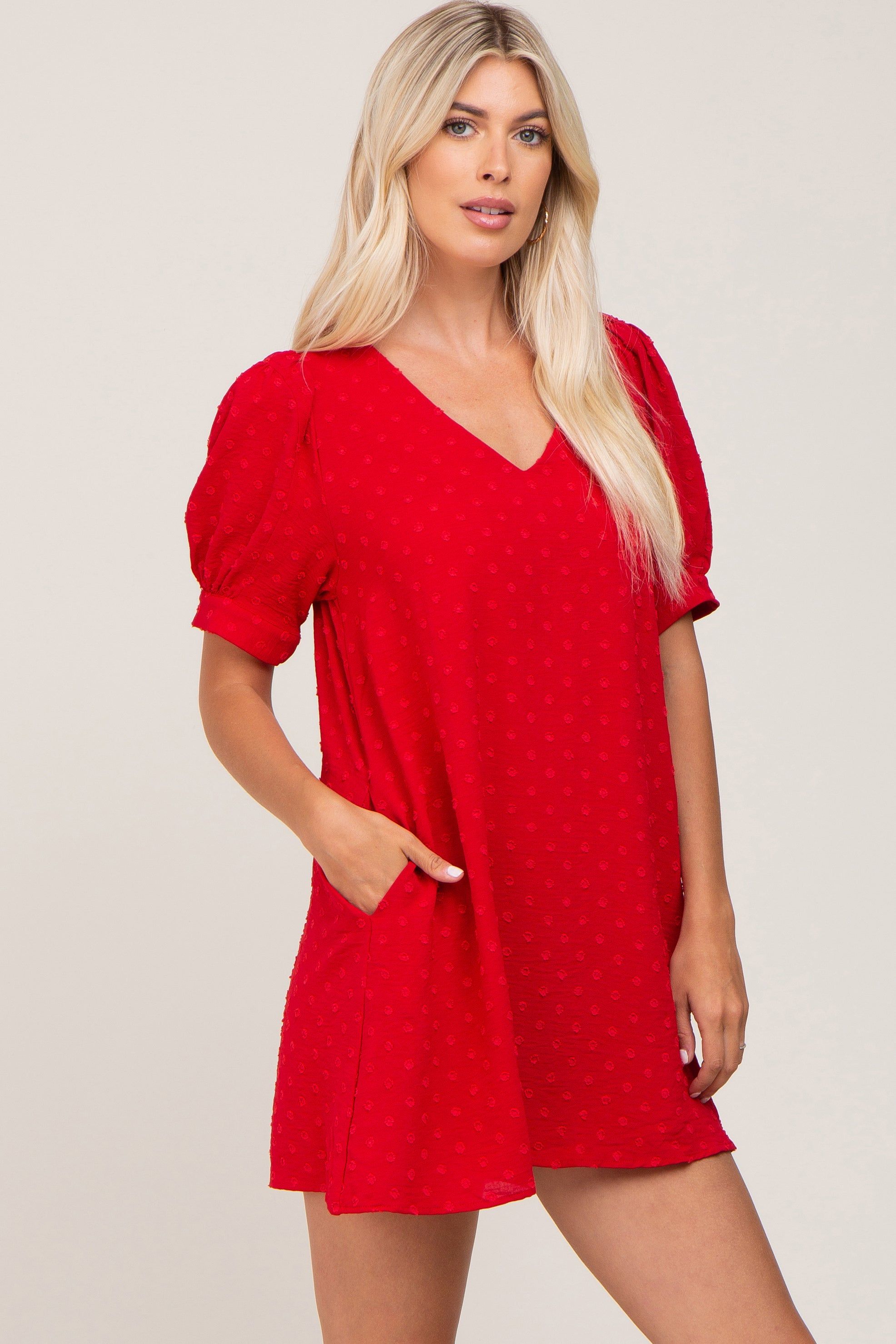 Red Textured Dot V-Neck Puff Sleeve Mini Dress sold by Pinkblush product image thumbnail 2