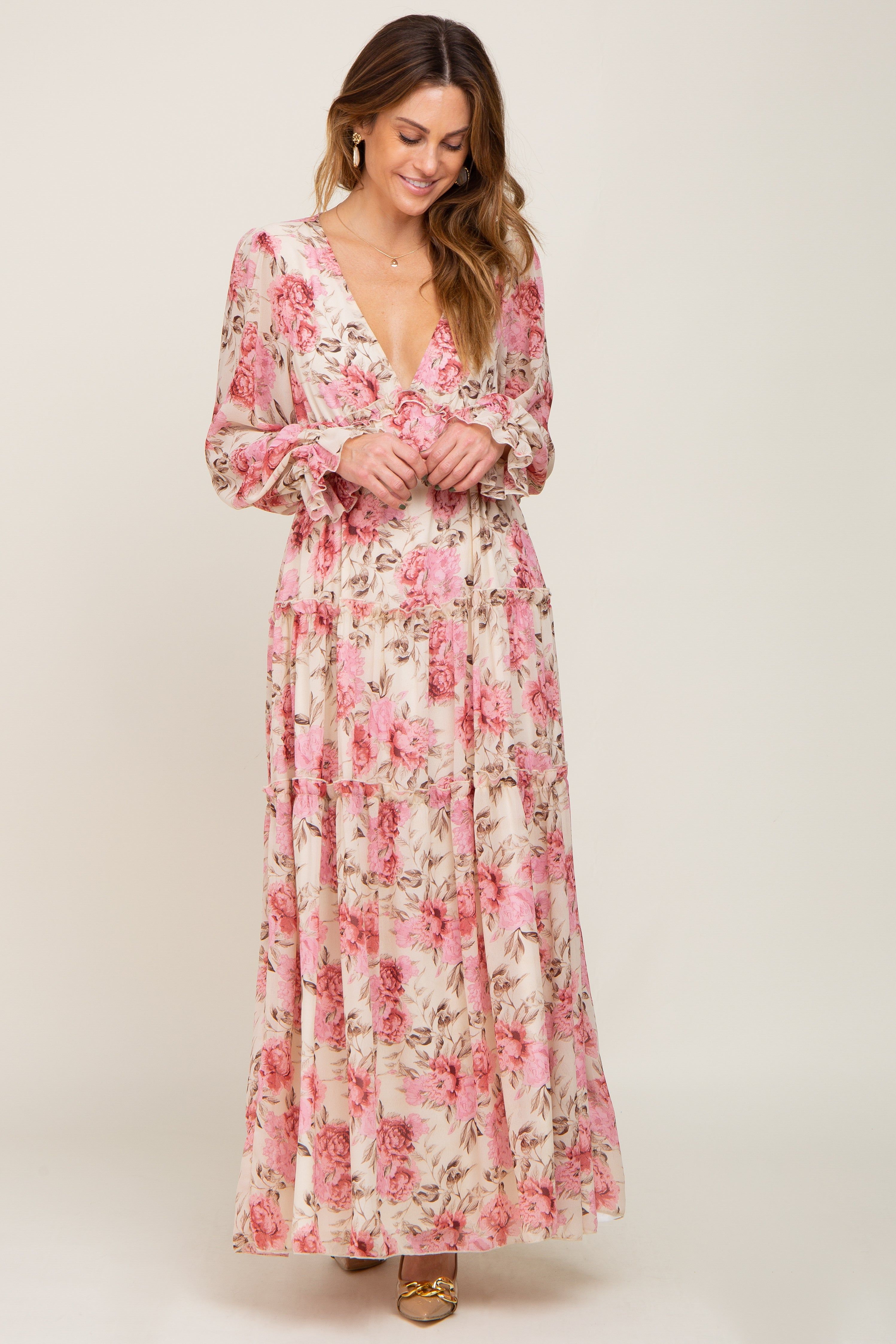 Ivory Floral Chiffon Ruffle Tiered Maxi Dress sold by Pinkblush