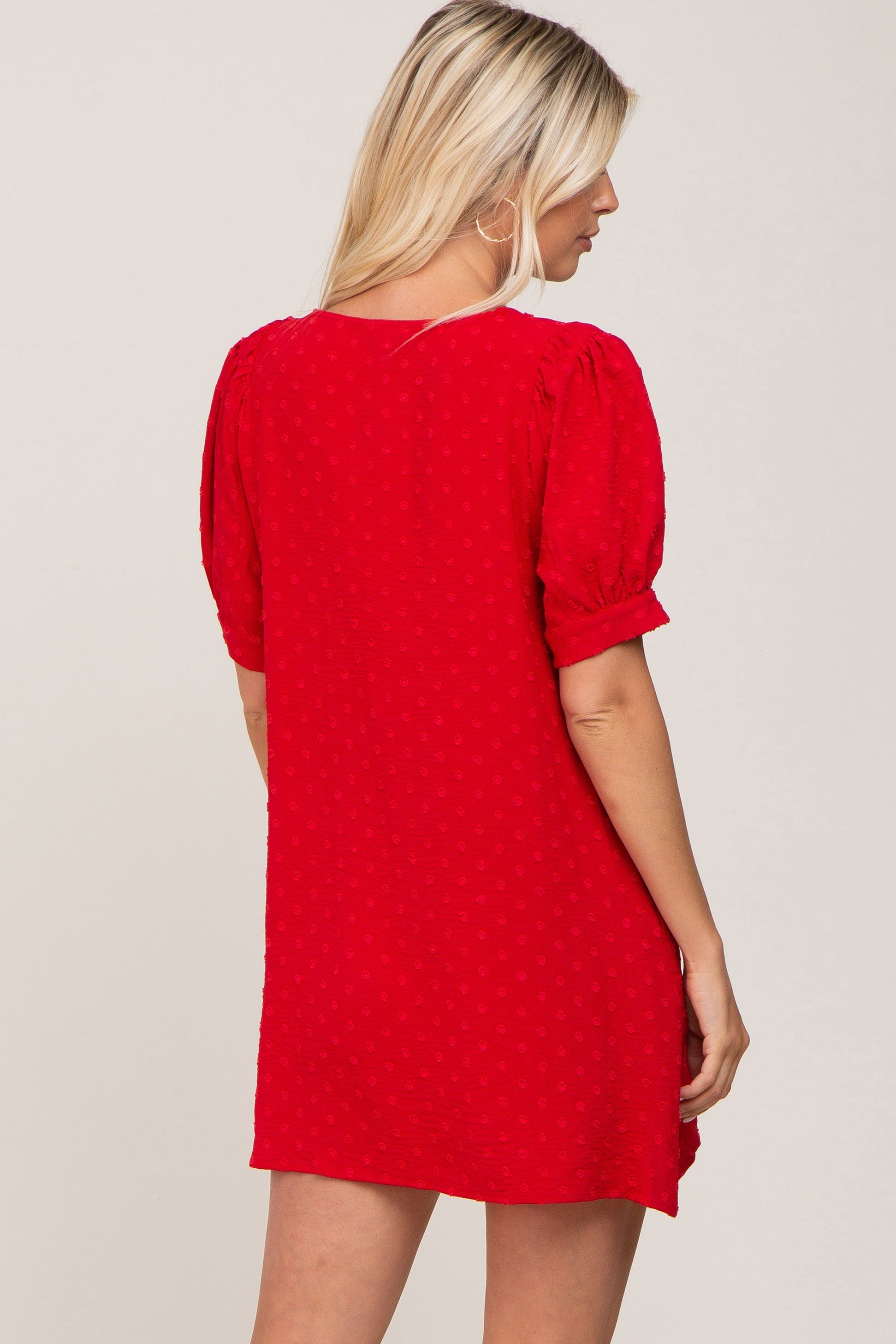 Red Textured Dot V-Neck Puff Sleeve Mini Dress sold by Pinkblush product image thumbnail 3