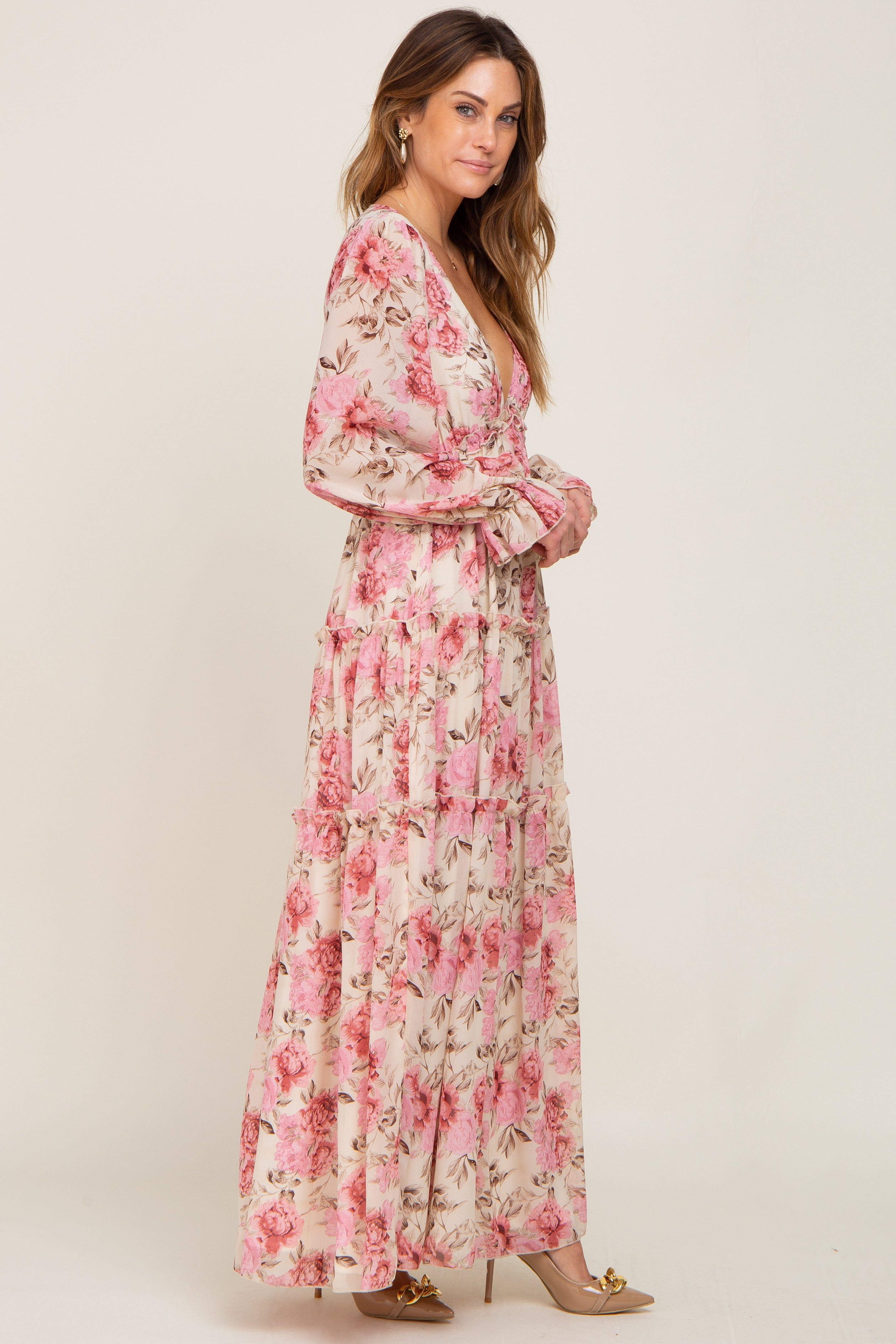 Ivory Floral Chiffon Ruffle Tiered Maxi Dress sold by Pinkblush product image thumbnail 2