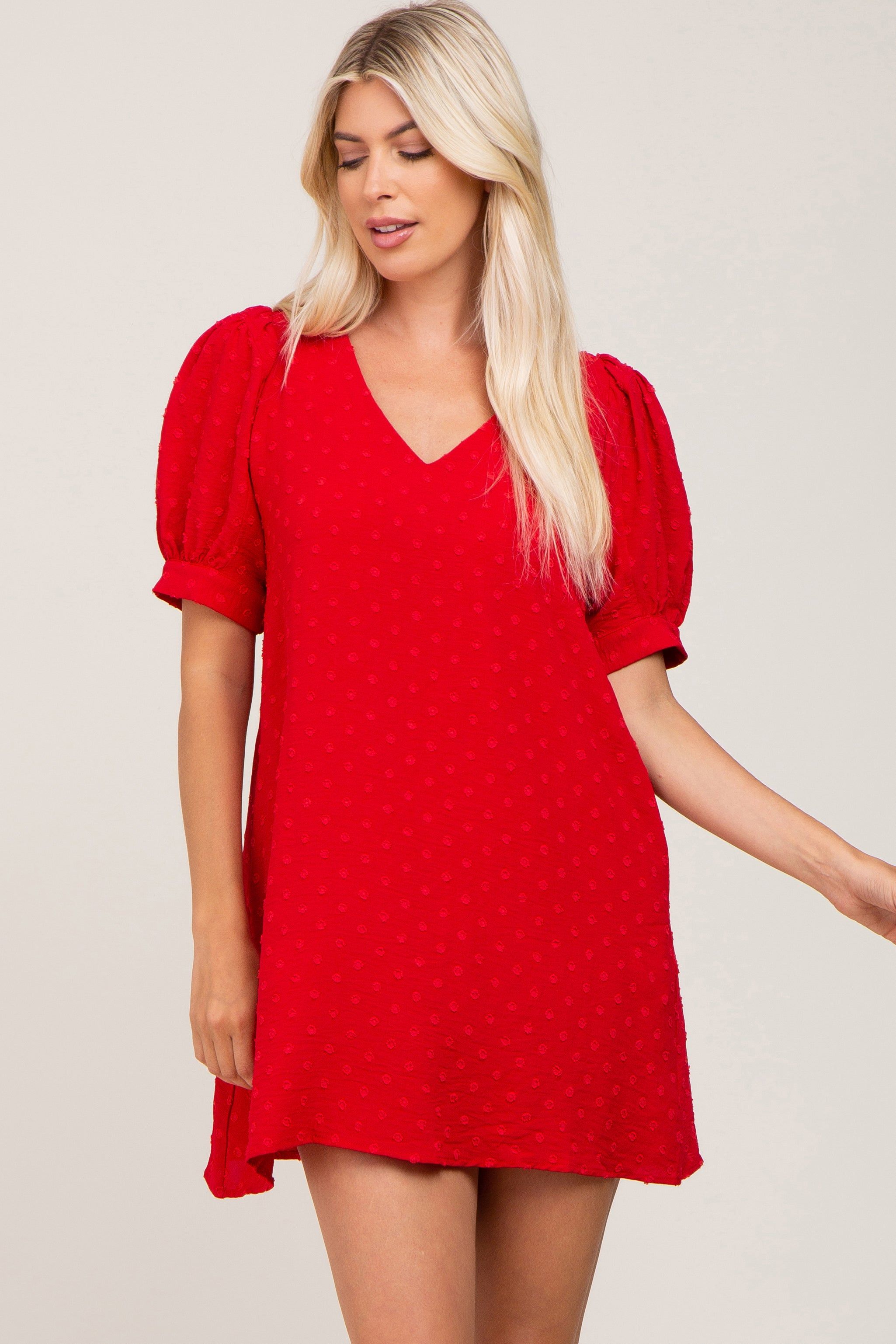 Red Textured Dot V-Neck Puff Sleeve Mini Dress sold by Pinkblush