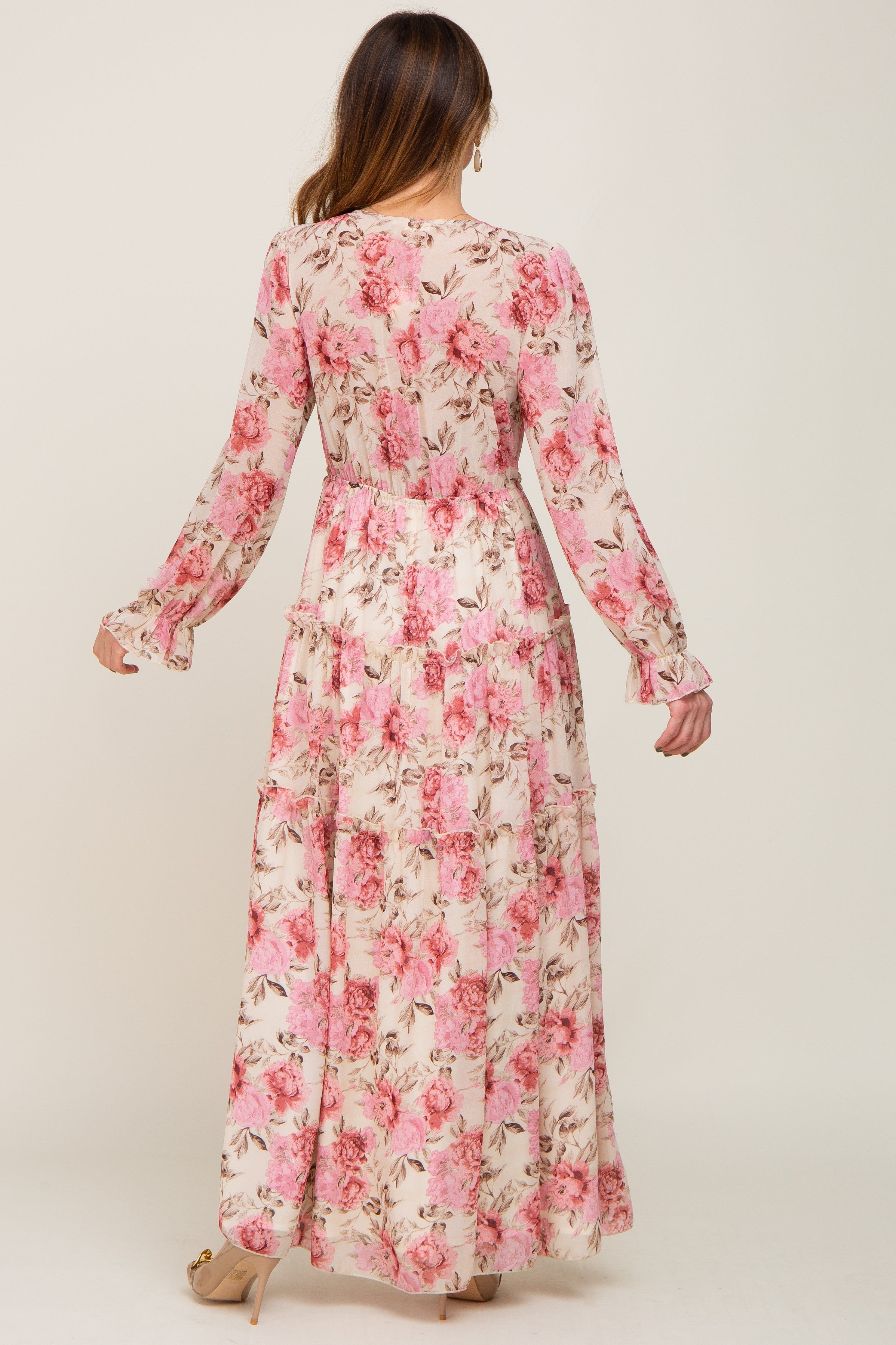 Ivory Floral Chiffon Ruffle Tiered Maxi Dress sold by Pinkblush product image thumbnail 3