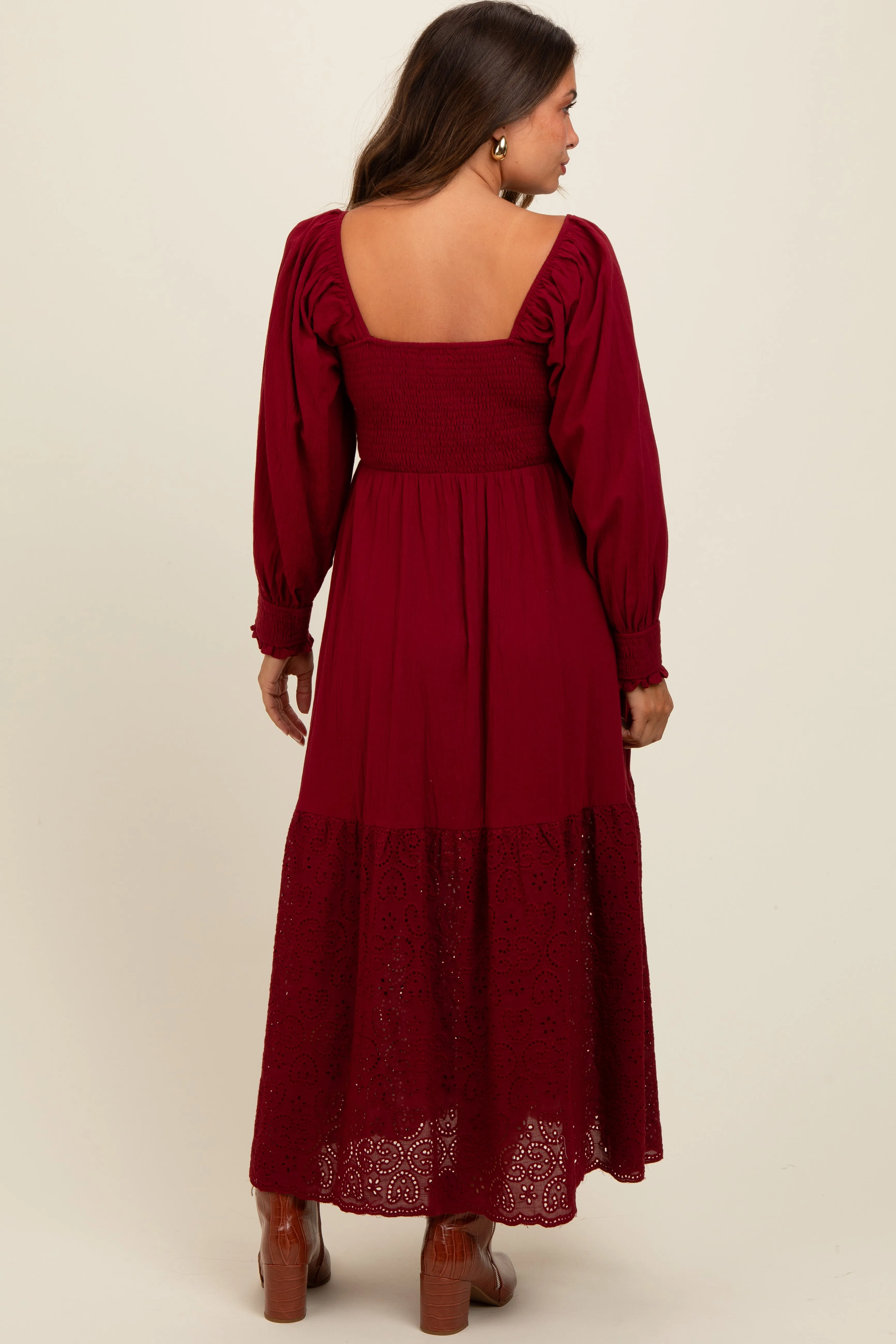 Burgundy Smocked Eyelet Lace Hem Maternity Maxi Dress sold by Pinkblush product image thumbnail 4