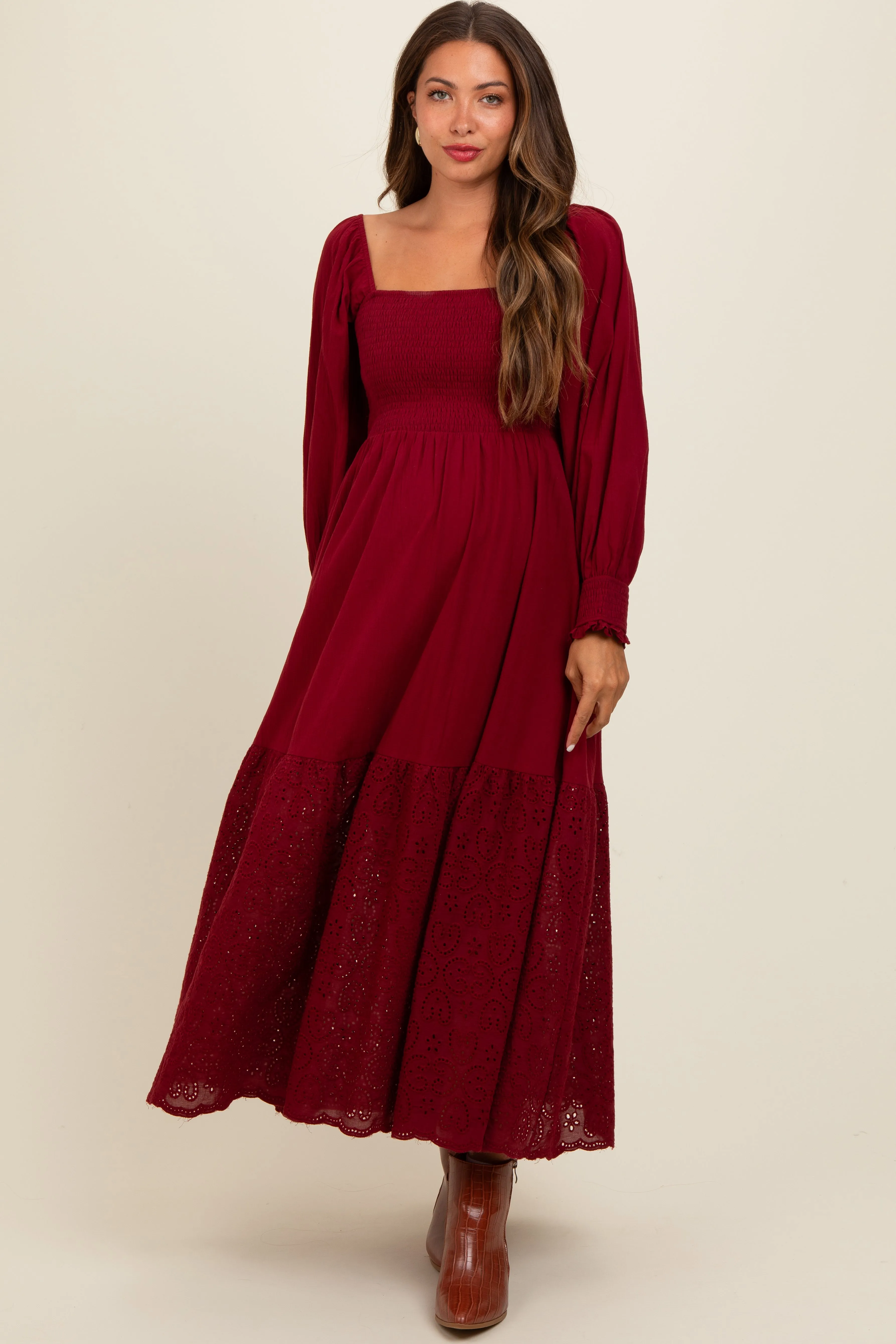 Burgundy Smocked Eyelet Lace Hem Maternity Maxi Dress sold by Pinkblush product image thumbnail 2