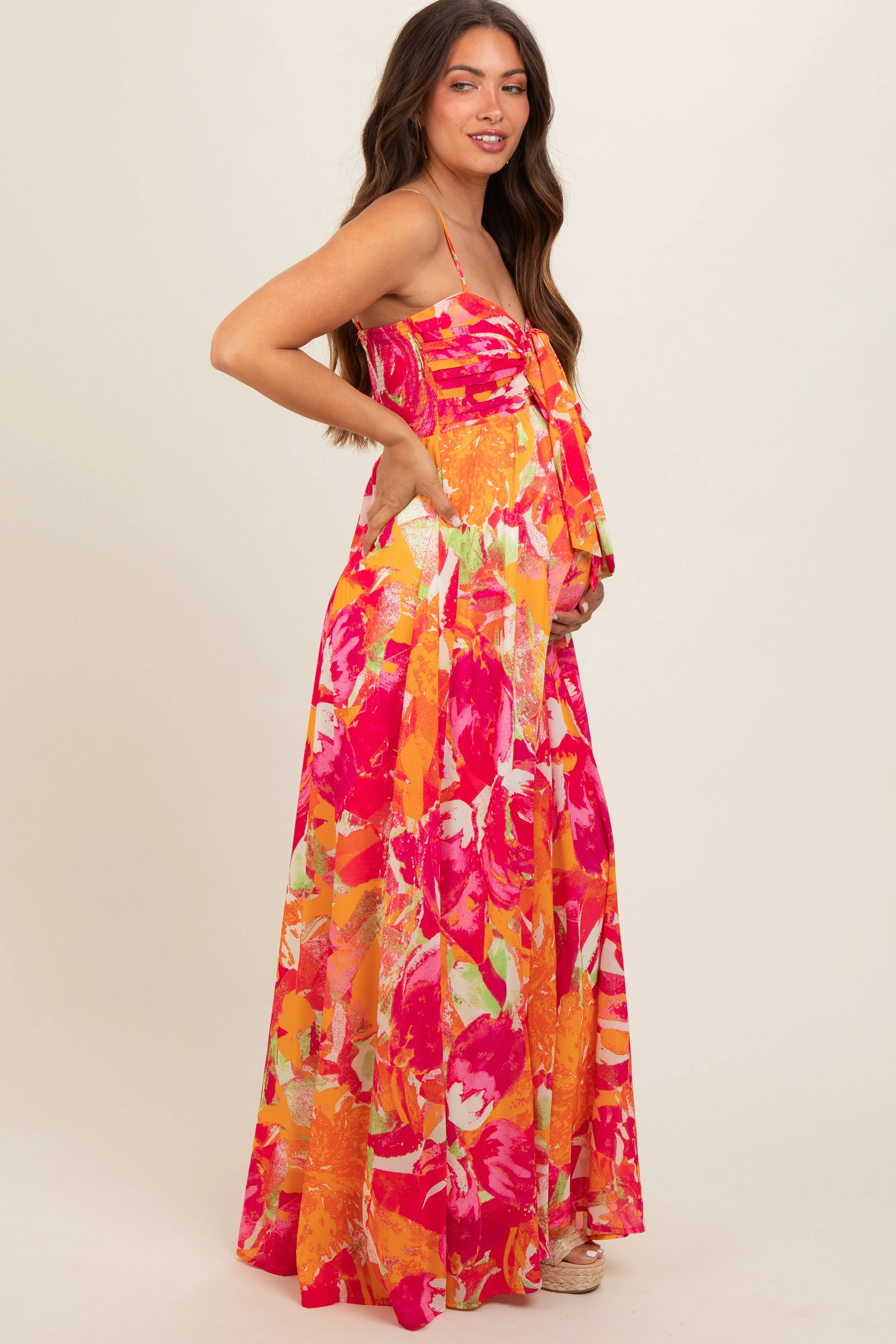 Fuchsia Abstract Floral Front Tie Maternity Maxi Dress sold by Pinkblush product image thumbnail 3