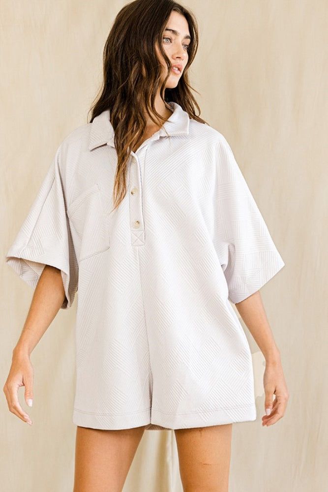Ivory Solid Textured Oversize Button Up Collared Romper sold by Pinkblush product image thumbnail 2