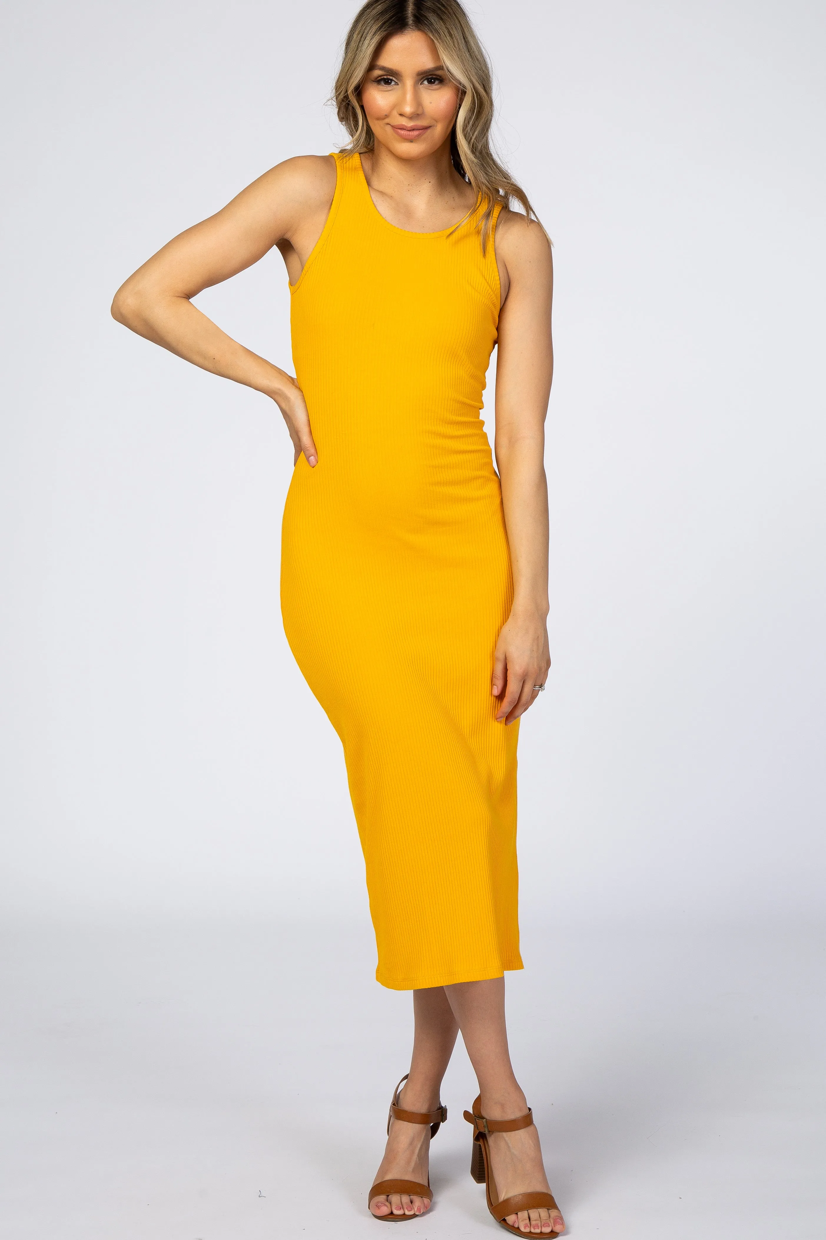 Yellow Ribbed Midi Dress sold by Pinkblush