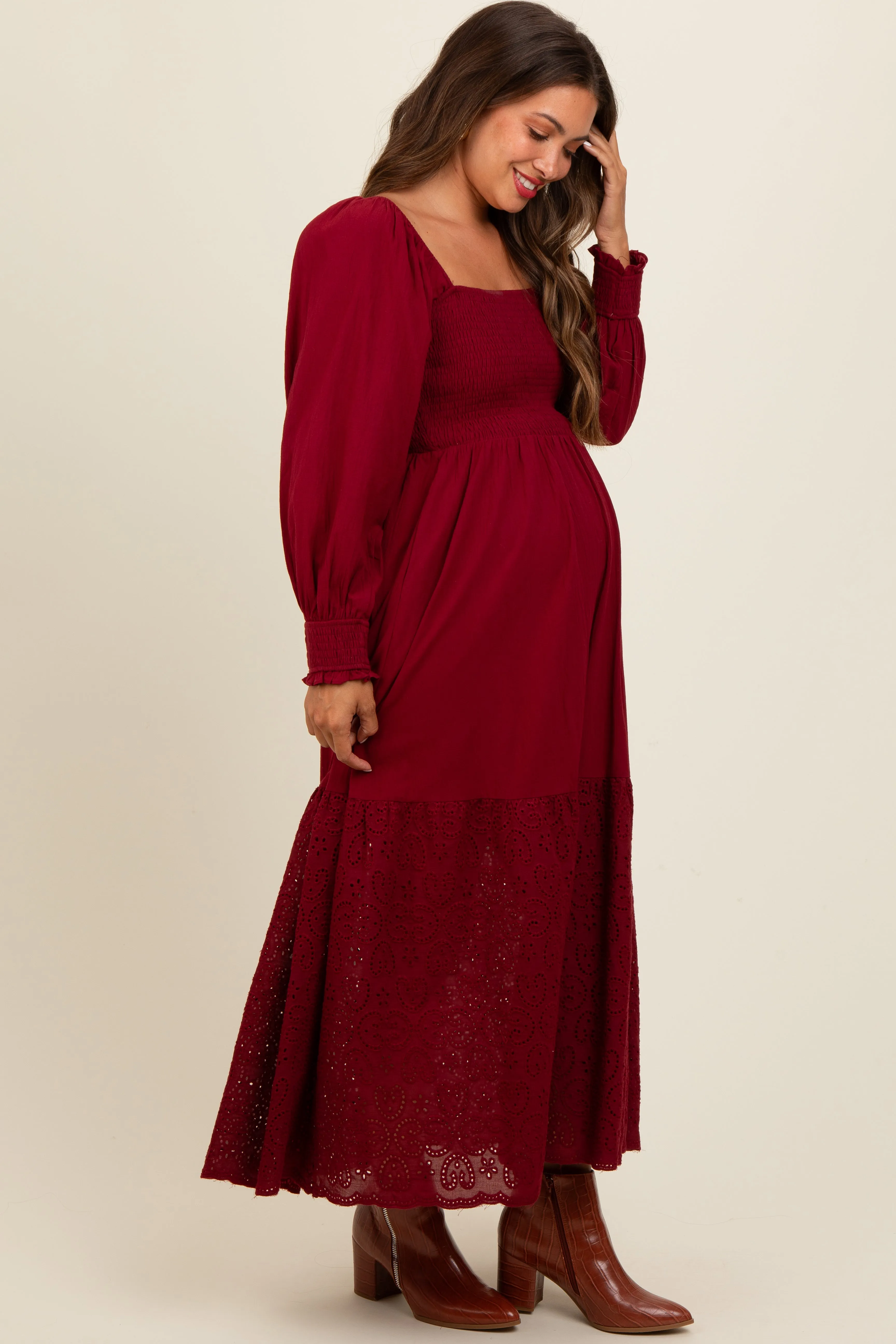 Burgundy Smocked Eyelet Lace Hem Maternity Maxi Dress sold by Pinkblush product image thumbnail 3