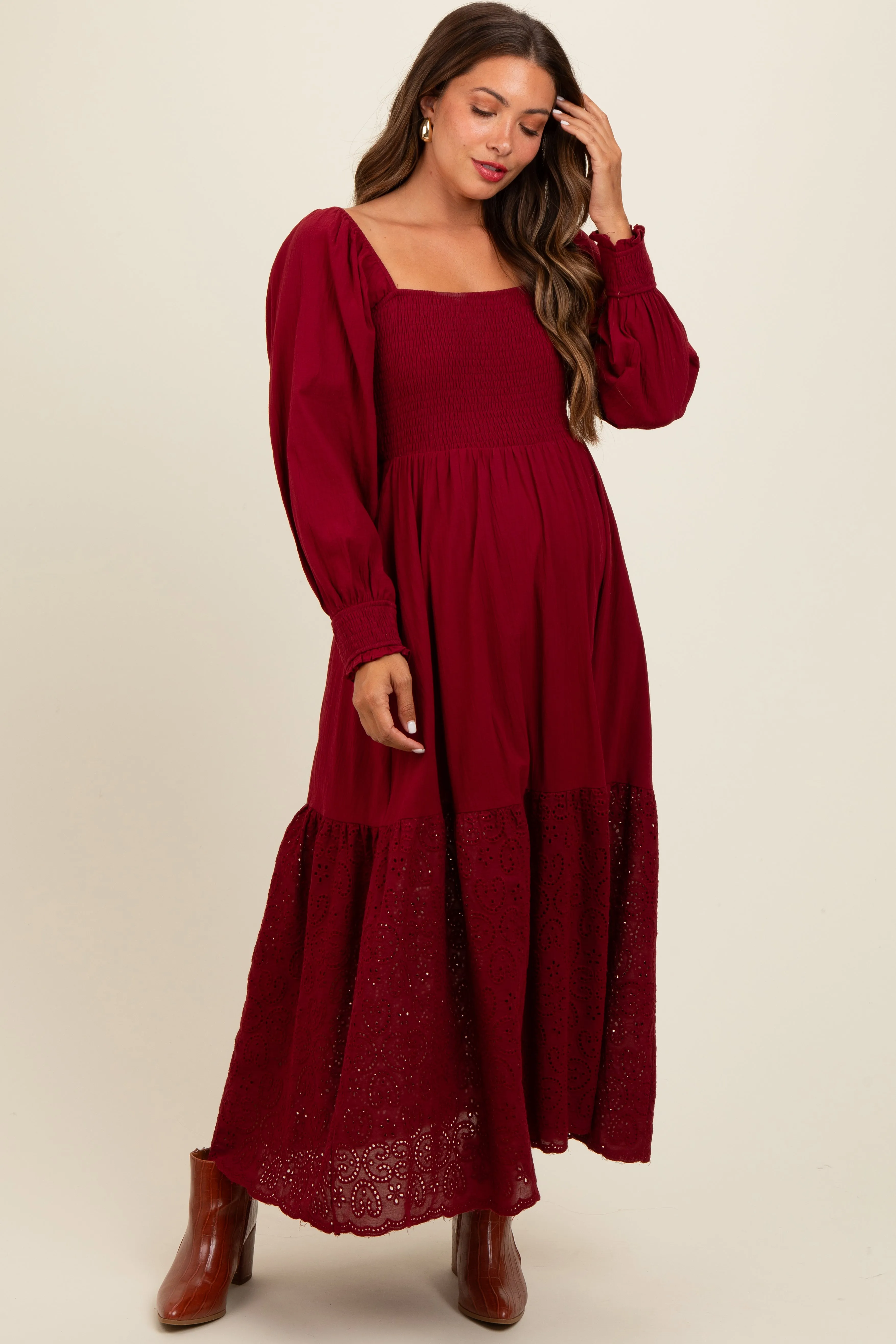 Burgundy Smocked Eyelet Lace Hem Maternity Maxi Dress sold by Pinkblush