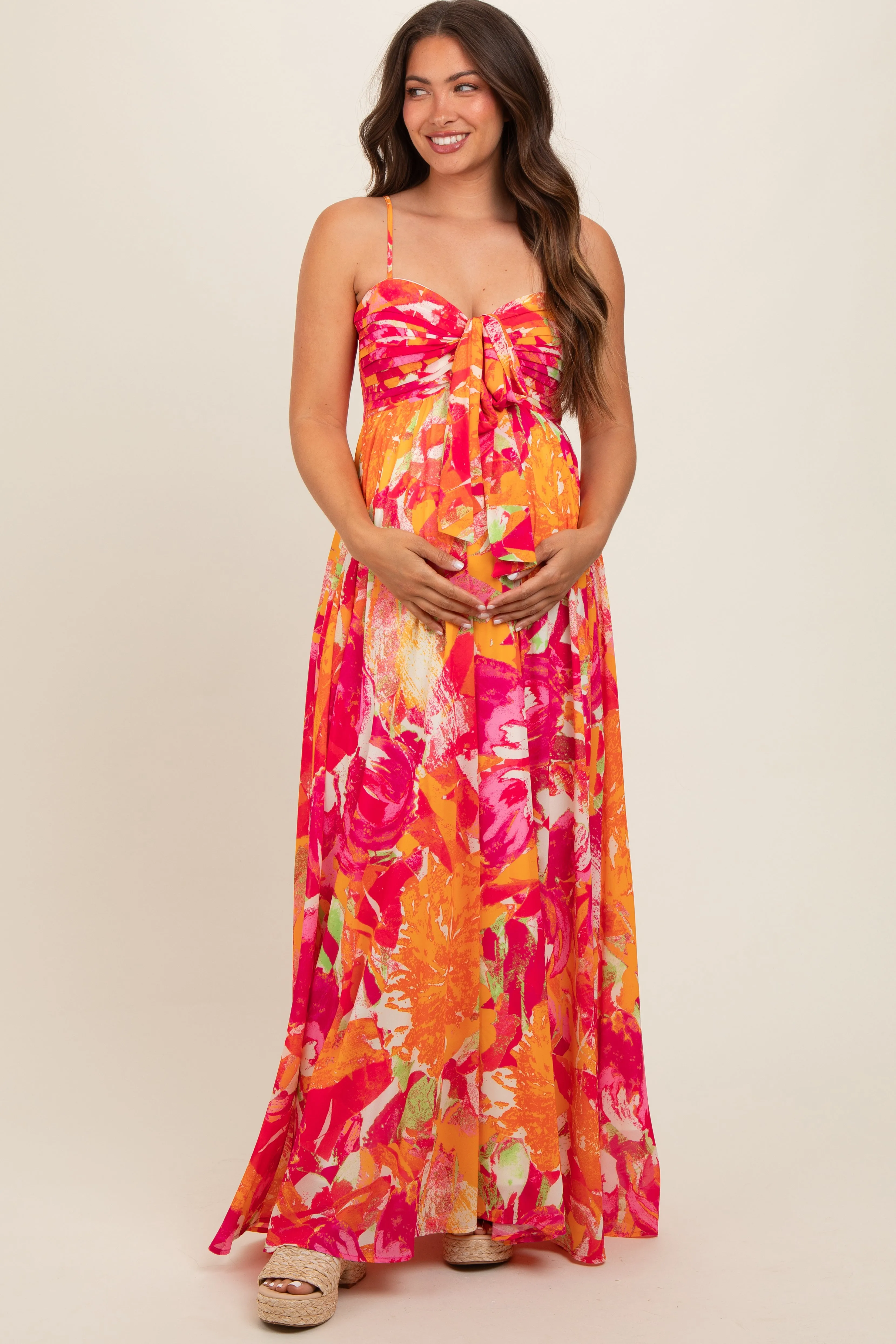 Fuchsia Abstract Floral Front Tie Maternity Maxi Dress sold by Pinkblush