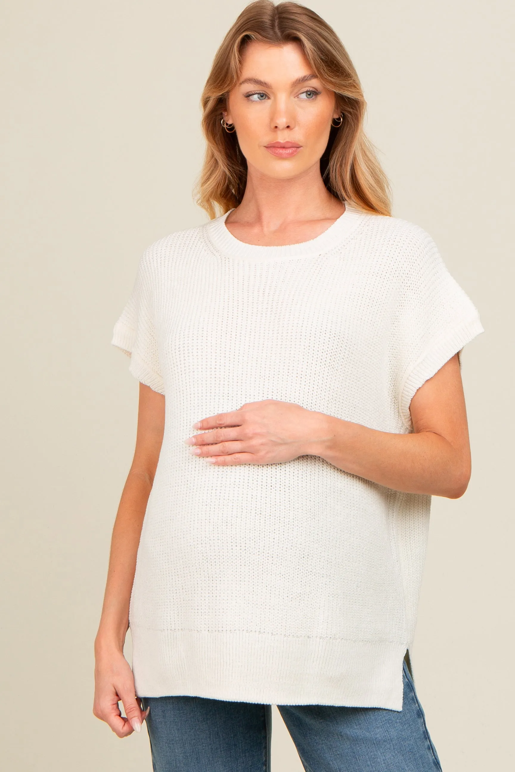 Ivory Dolman Short Sleeve Side Slit Maternity Sweater Top sold by Pinkblush
