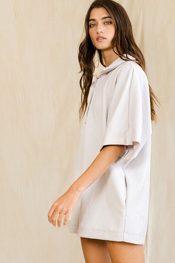 Ivory Solid Textured Oversize Button Up Collared Romper sold by Pinkblush product image thumbnail 3