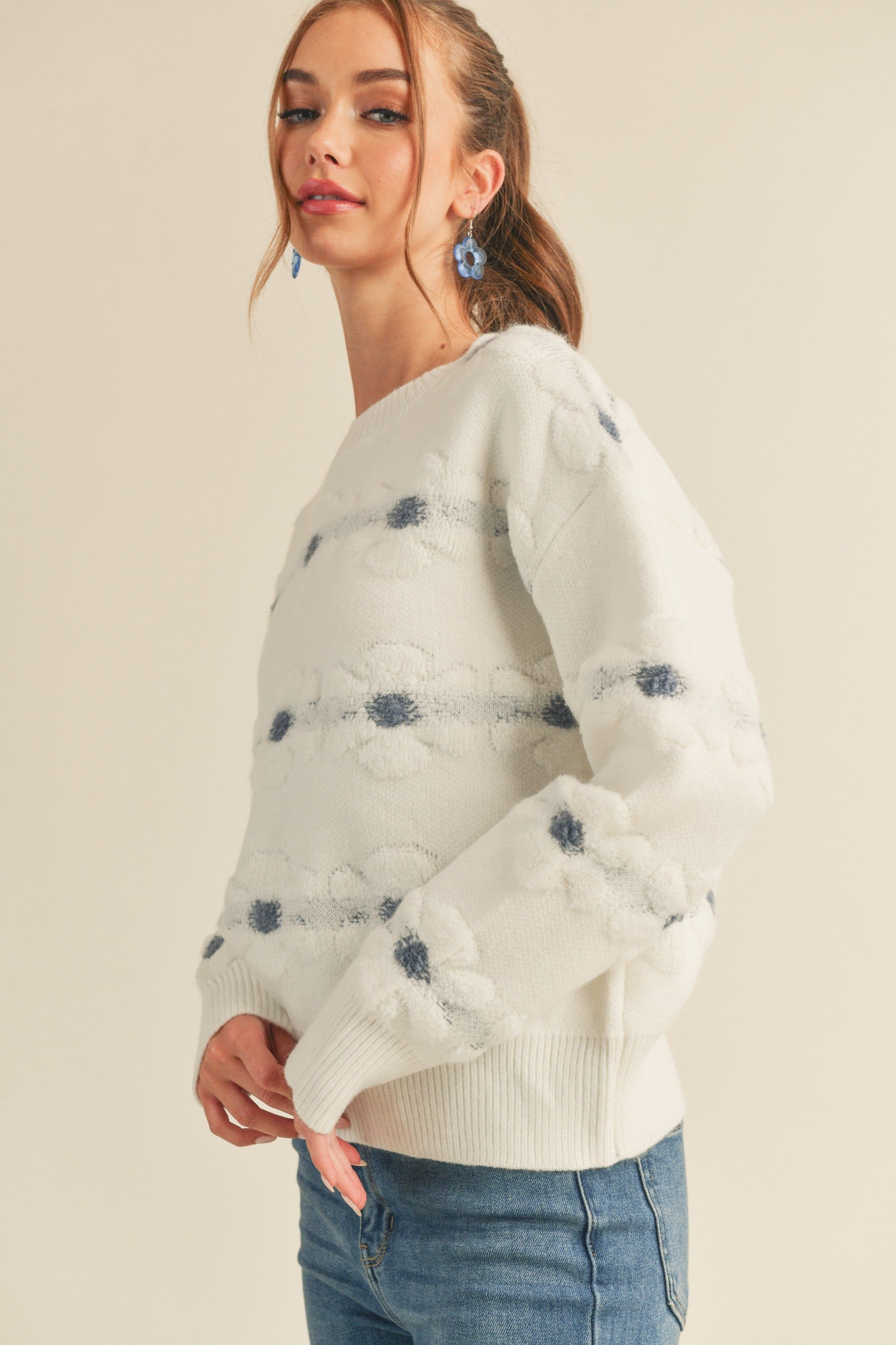 Ivory Blue Sherpa Floral Stripe Sweater sold by Pinkblush