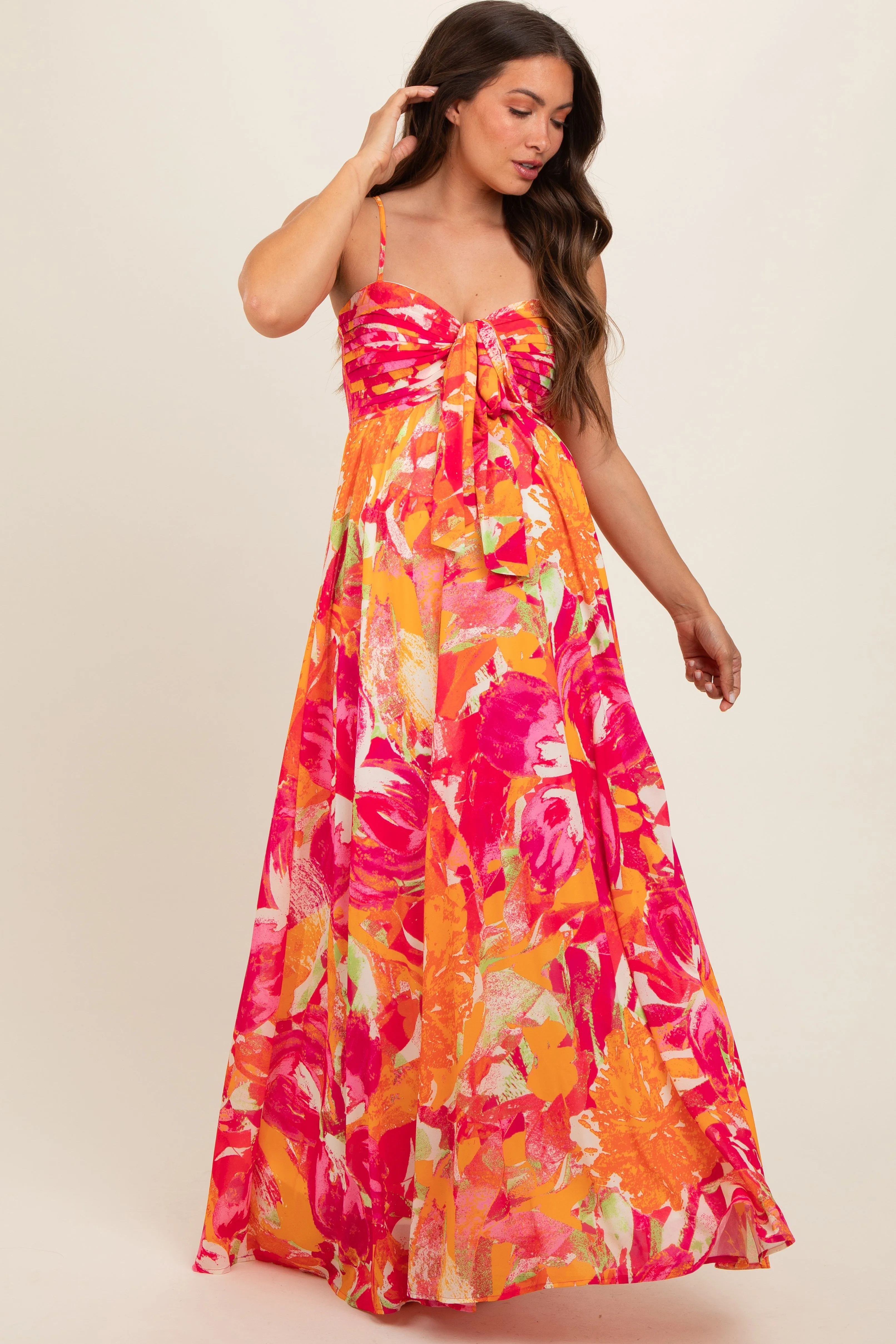 Fuchsia Abstract Floral Front Tie Maternity Maxi Dress sold by Pinkblush product image thumbnail 2