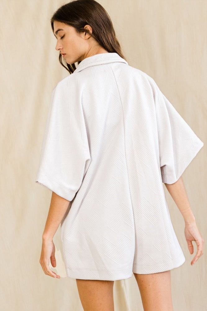 Ivory Solid Textured Oversize Button Up Collared Romper sold by Pinkblush product image thumbnail 4