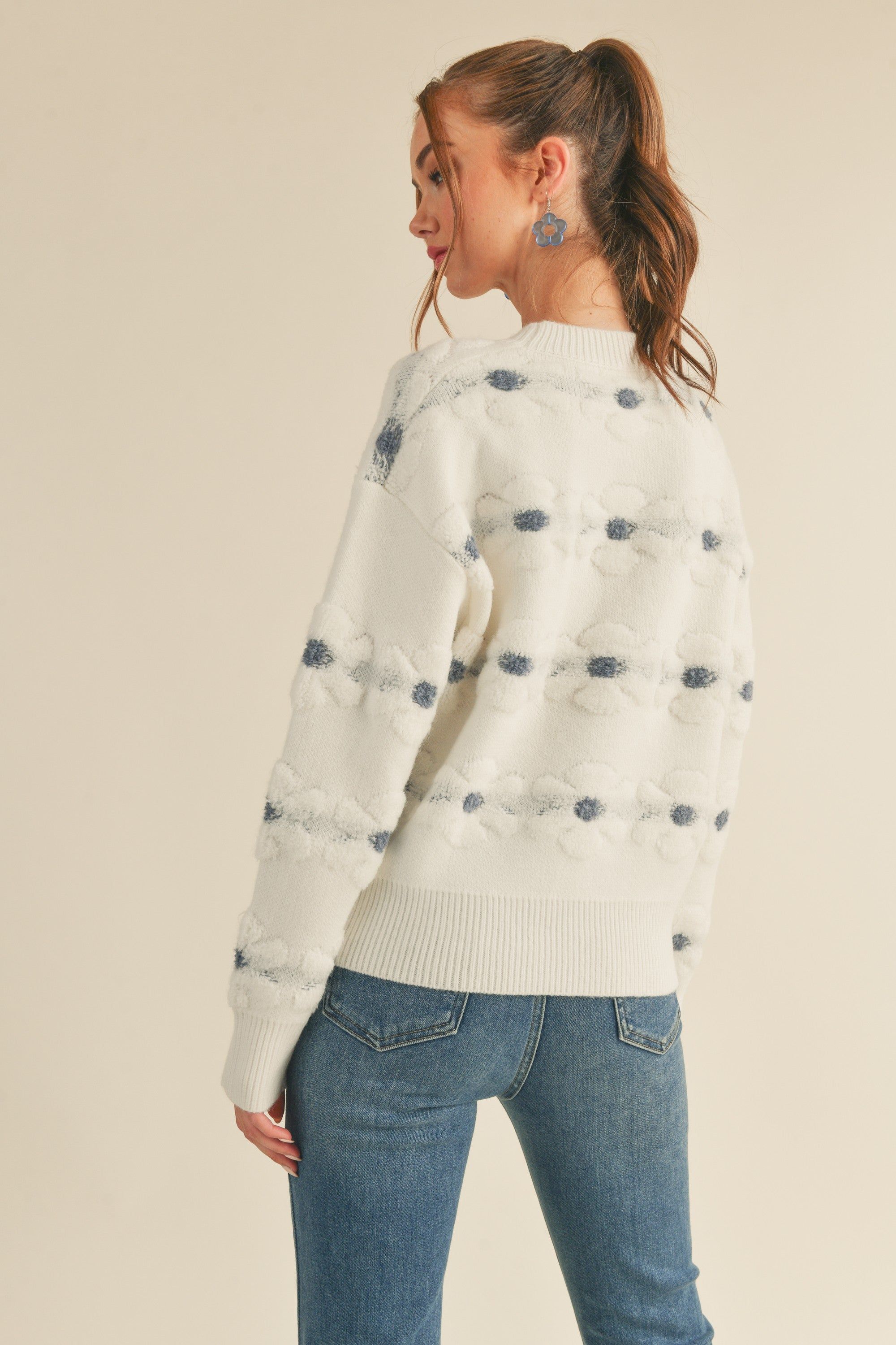 Ivory Blue Sherpa Floral Stripe Sweater sold by Pinkblush product image thumbnail 2