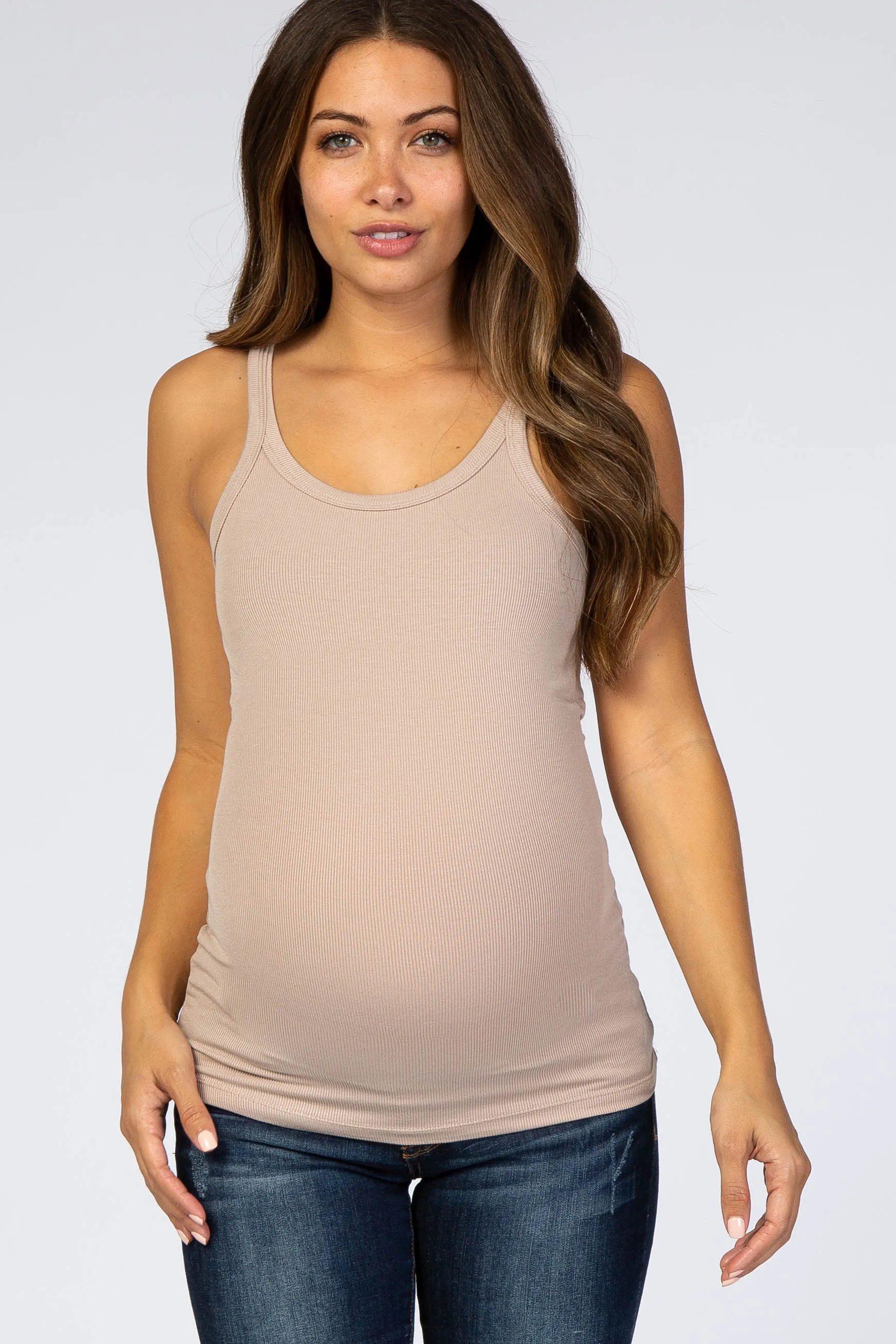 Taupe Ribbed Maternity Tank Top sold by Pinkblush