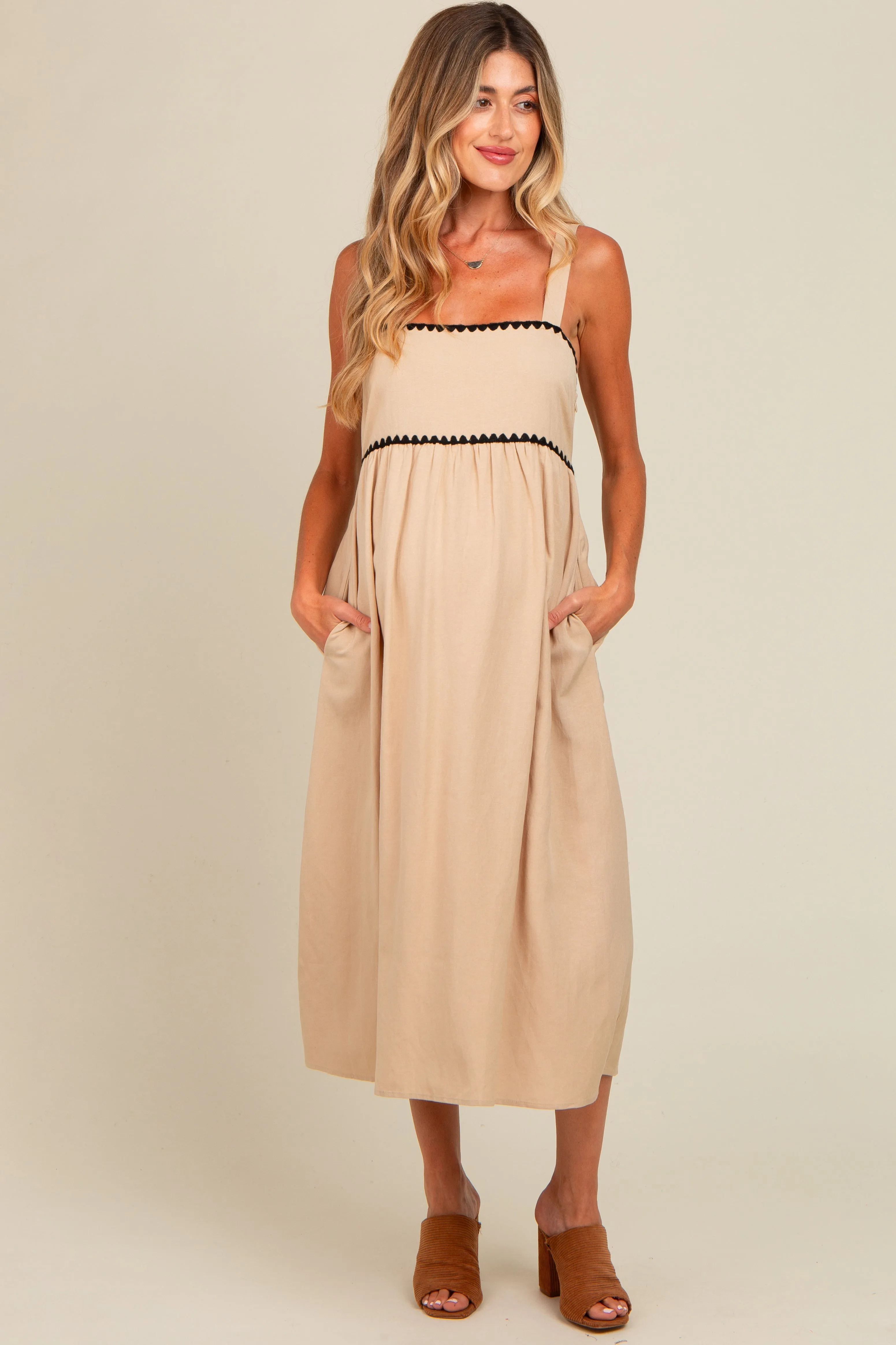 Beige Contrast Trim Maternity Midi Dress sold by Pinkblush product image thumbnail 2