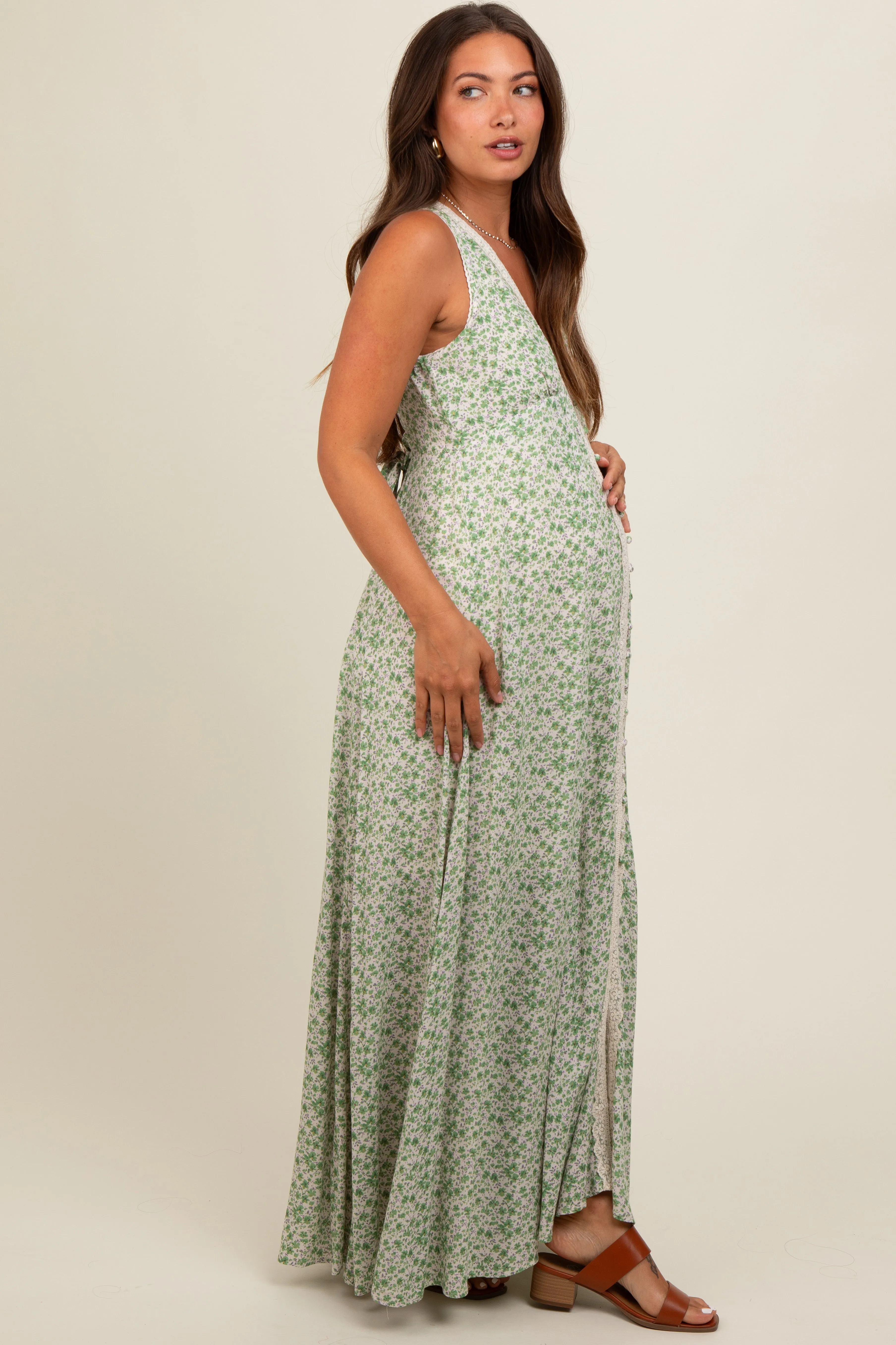 Green Floral Crochet Trim Button Down Maternity Maxi Dress sold by Pinkblush product image thumbnail 2