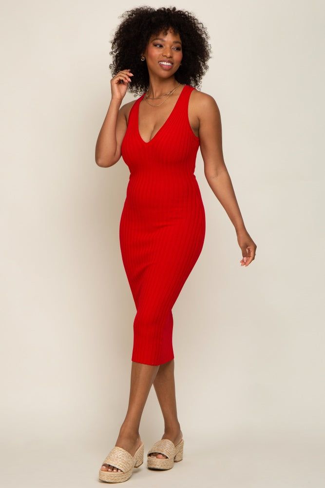 Red Ribbed Knit Fitted V-Neck Midi Dress sold by Pinkblush product image thumbnail 5
