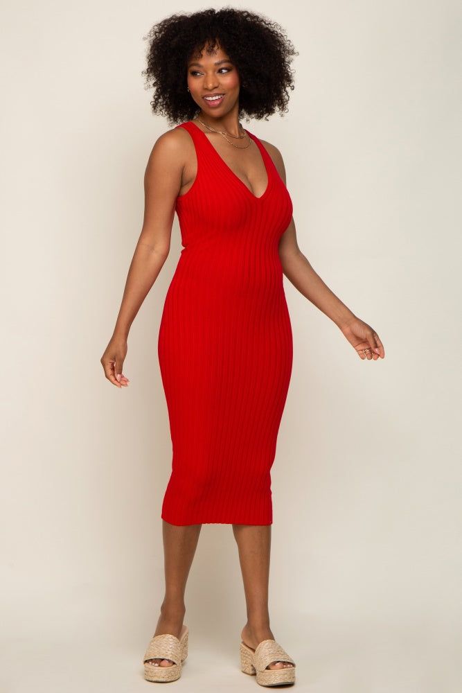 Red Ribbed Knit Fitted V-Neck Midi Dress sold by Pinkblush product image thumbnail 2