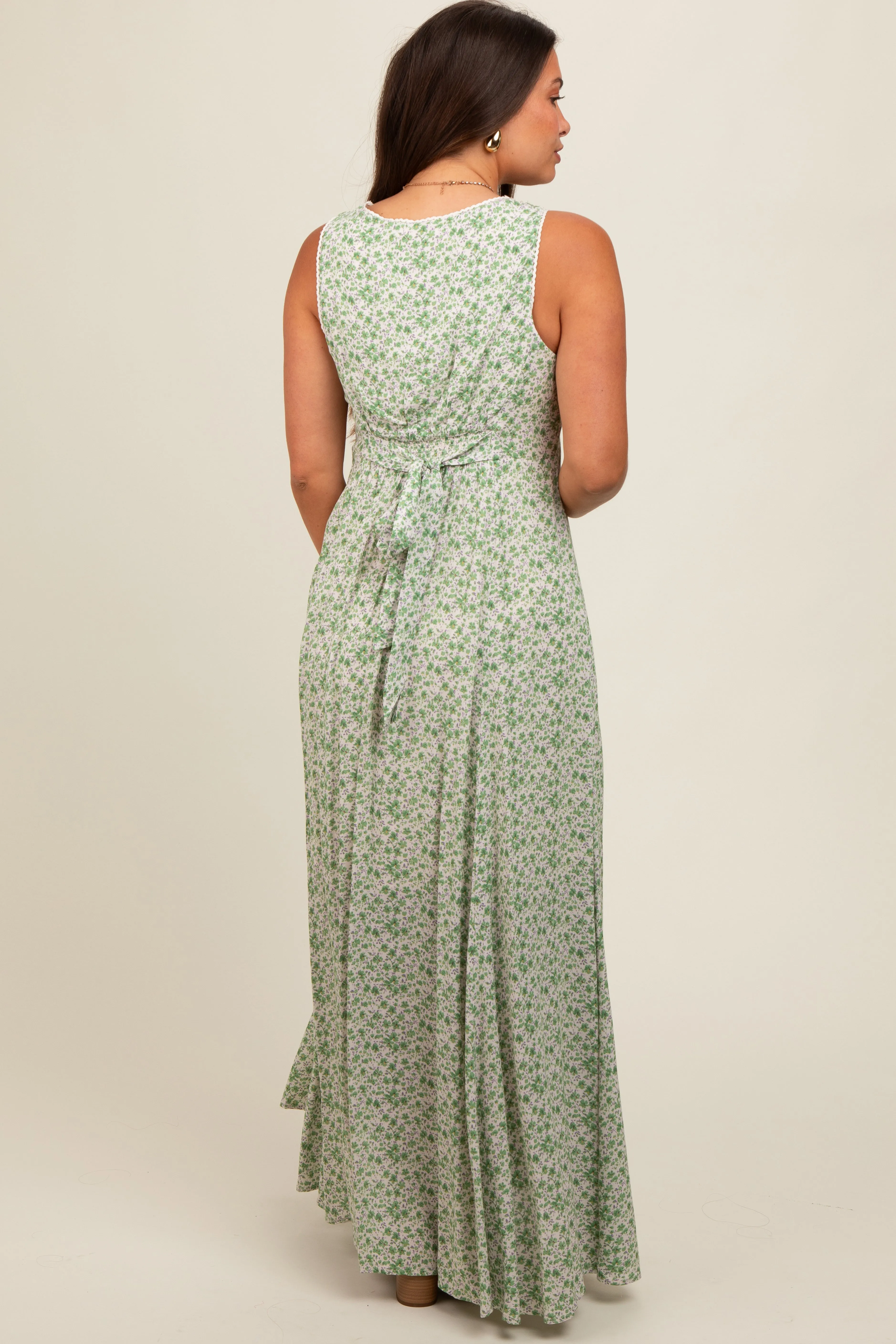 Green Floral Crochet Trim Button Down Maternity Maxi Dress sold by Pinkblush product image thumbnail 3