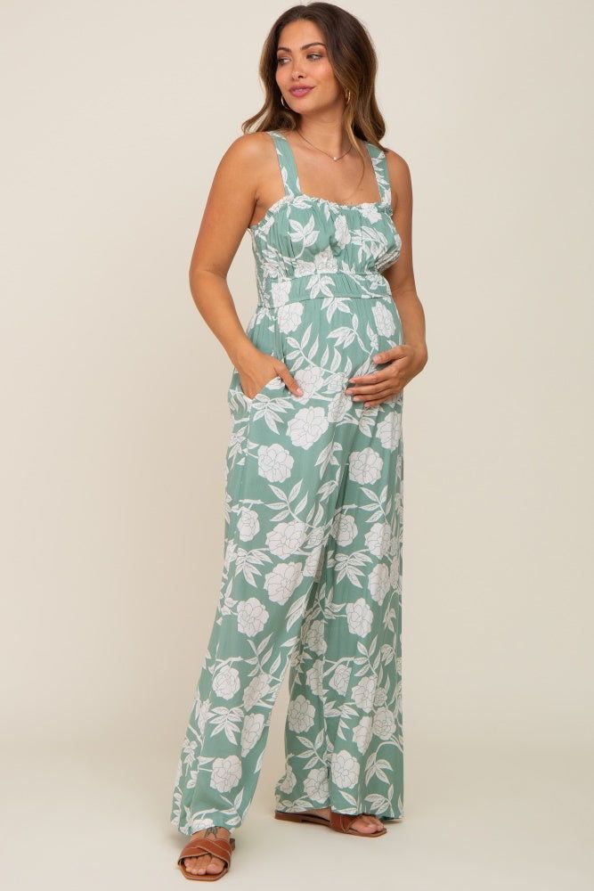 Mint Floral Sweetheart Neck Maternity Jumpsuit sold by Pinkblush