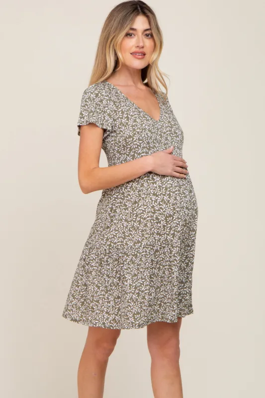 Olive Leaf Printed V-Neck Short Sleeve Maternity Dress sold by Pinkblush