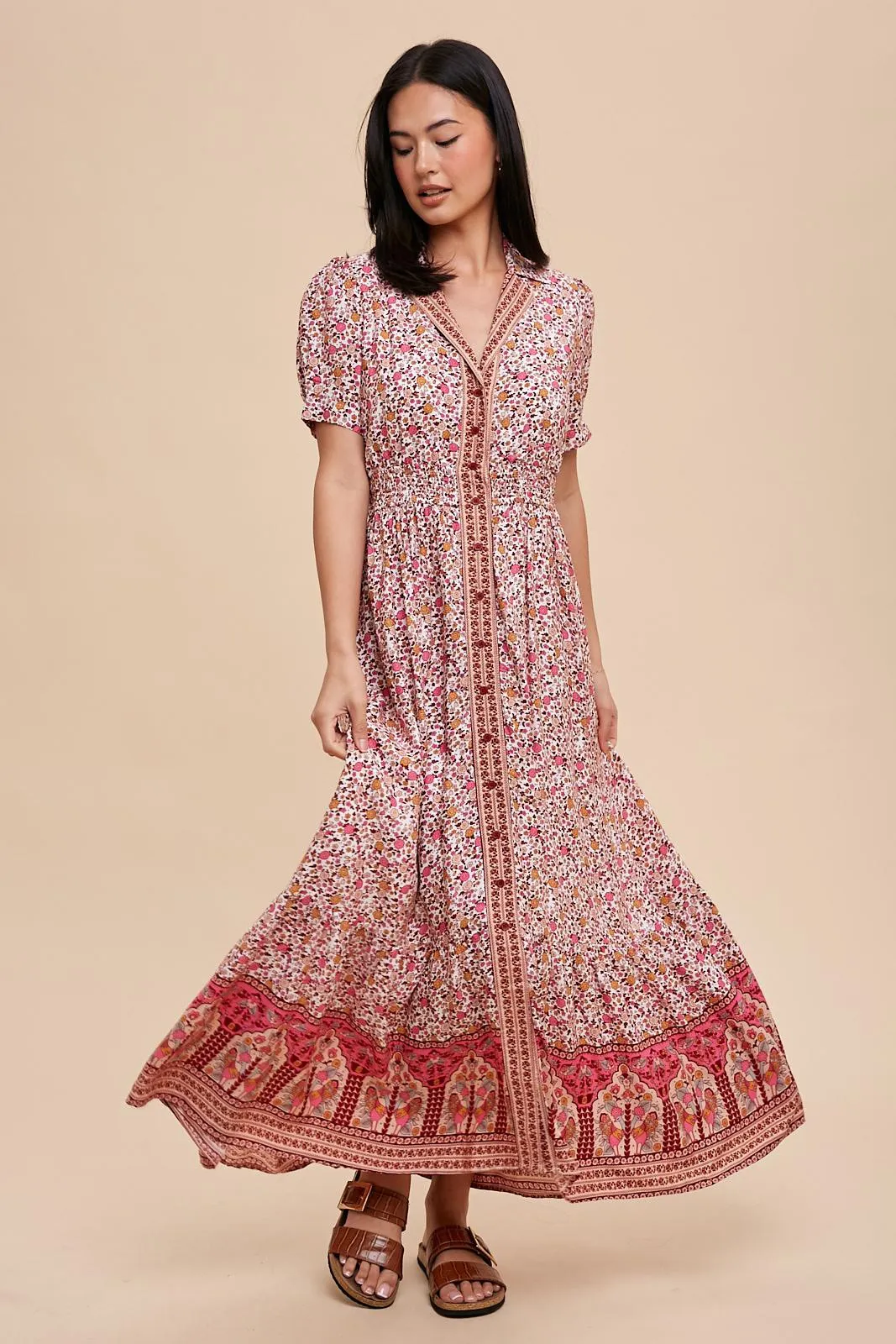Pink Floral Button Up Midi Dress sold by Pinkblush