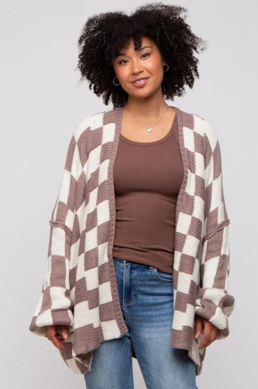 Taupe Checkered Print Oversized Cardigan sold by Pinkblush