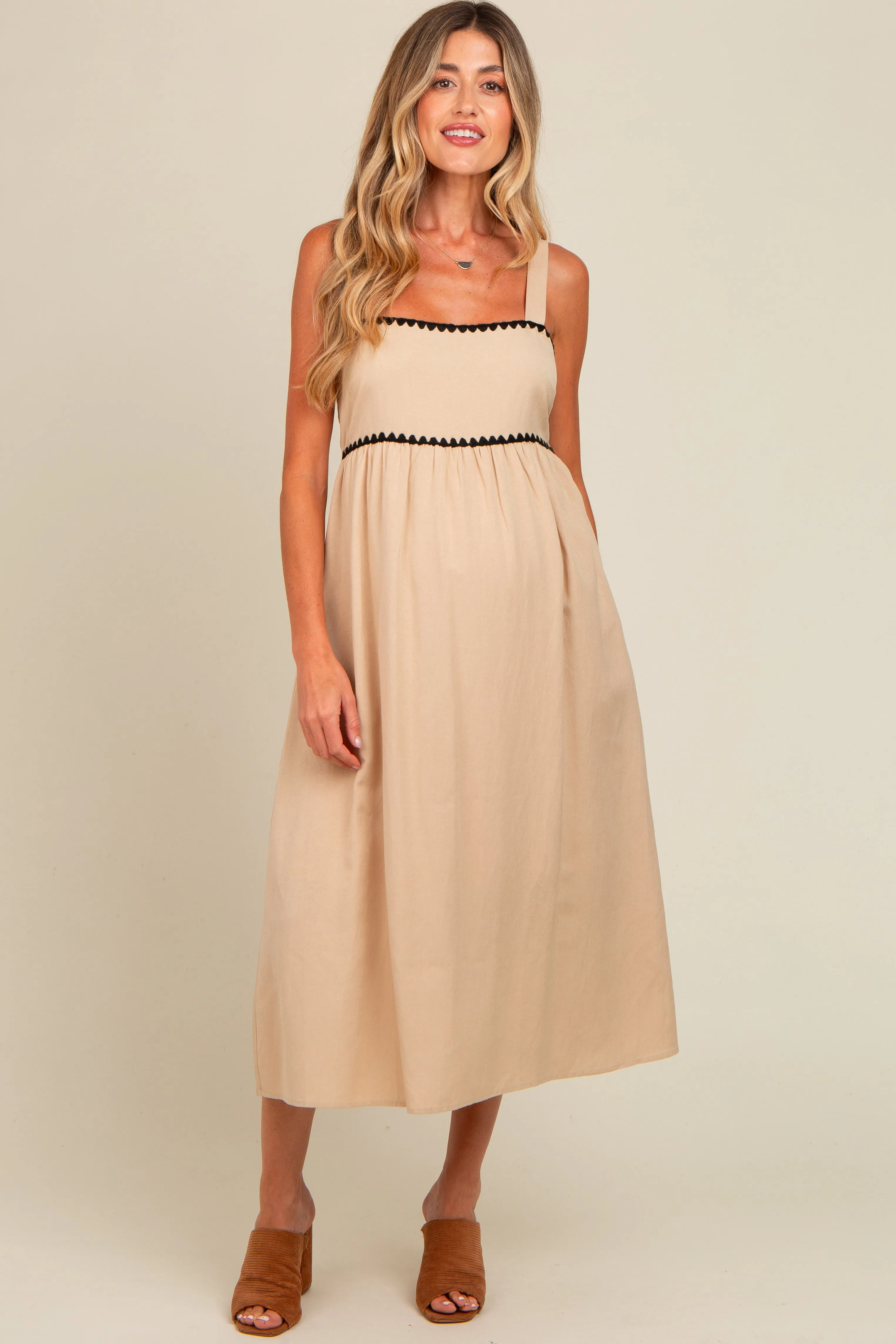 Beige Contrast Trim Maternity Midi Dress sold by Pinkblush