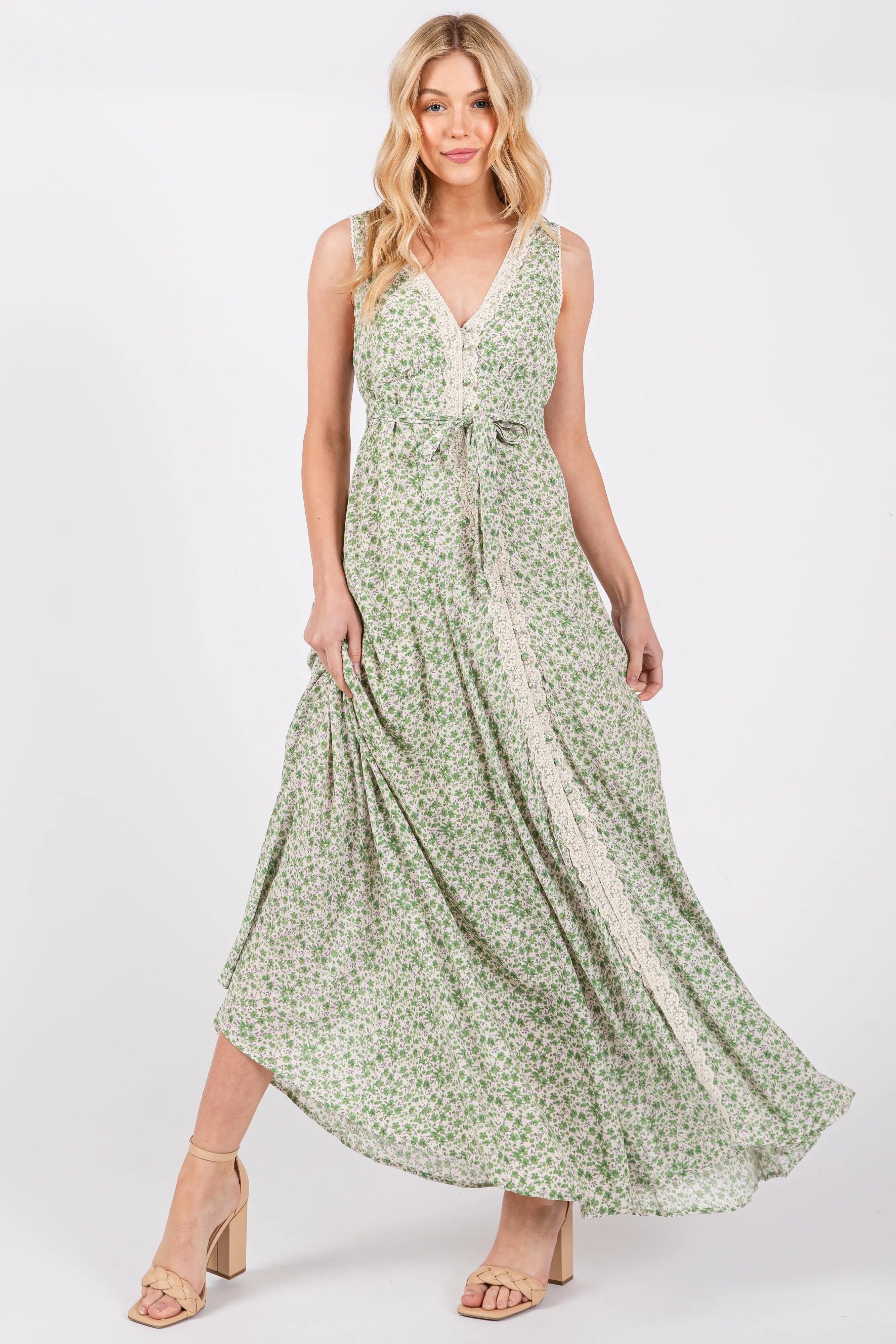 Green Floral Crochet Trim Button Down Maternity Maxi Dress sold by Pinkblush product image thumbnail 4