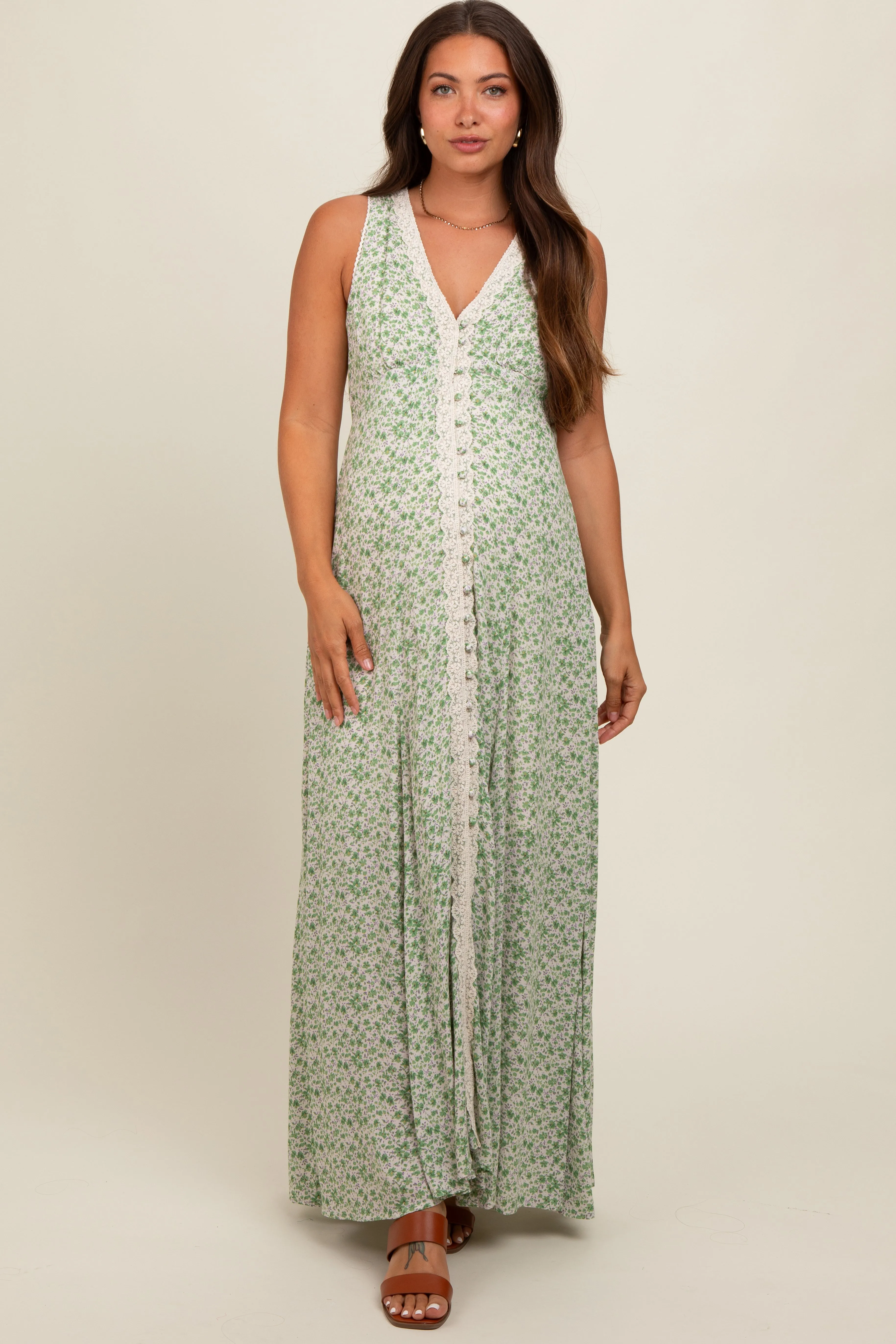 Green Floral Crochet Trim Button Down Maternity Maxi Dress sold by Pinkblush