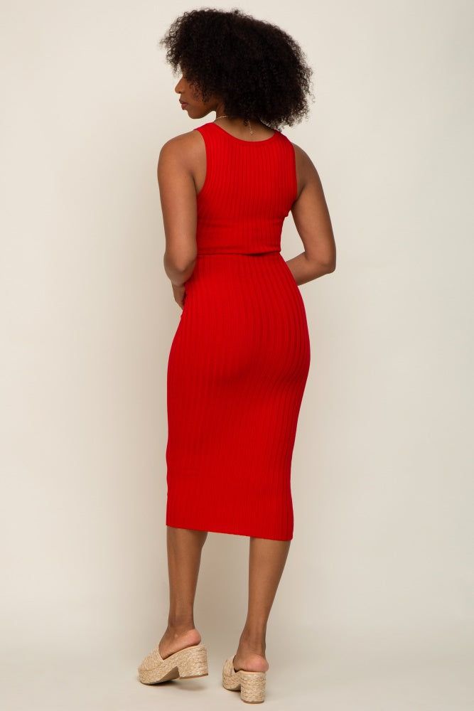 Red Ribbed Knit Fitted V-Neck Midi Dress sold by Pinkblush product image thumbnail 4