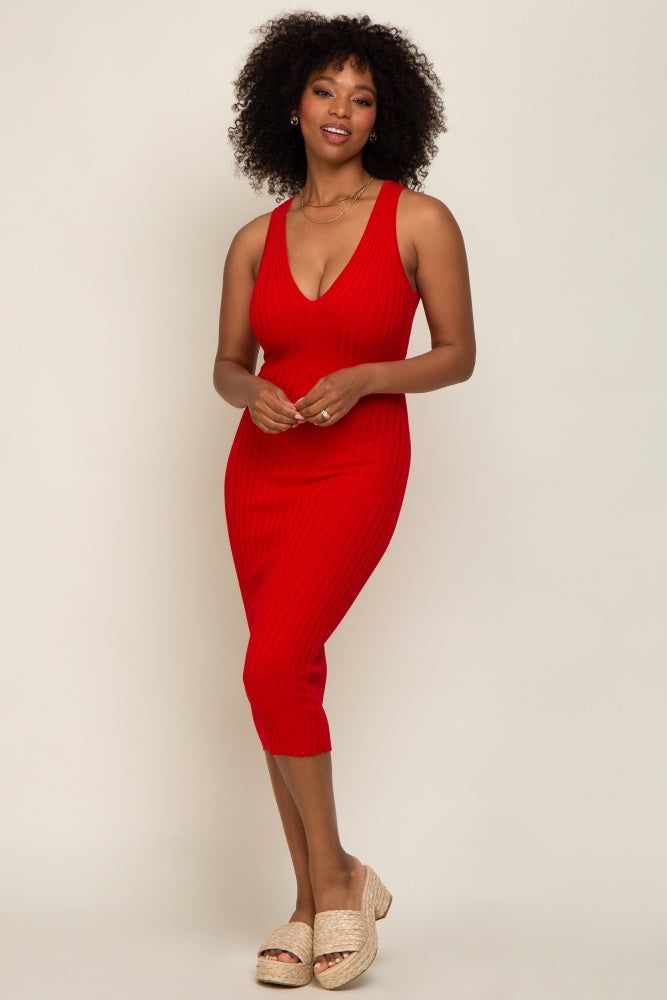 Red Ribbed Knit Fitted V-Neck Midi Dress sold by Pinkblush