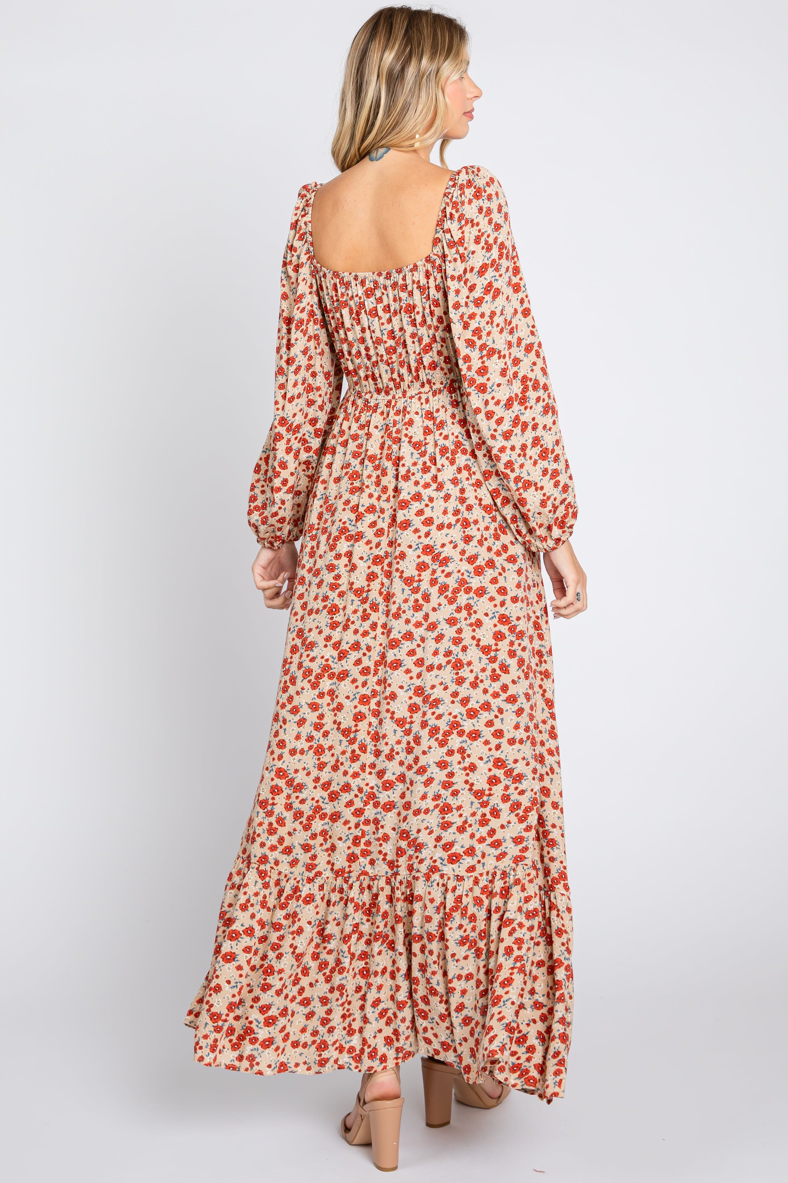 Beige Floral Square Neck Ruffle Maxi Dress sold by Pinkblush product image thumbnail 4