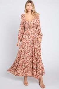 Beige Floral Square Neck Ruffle Maxi Dress sold by Pinkblush
