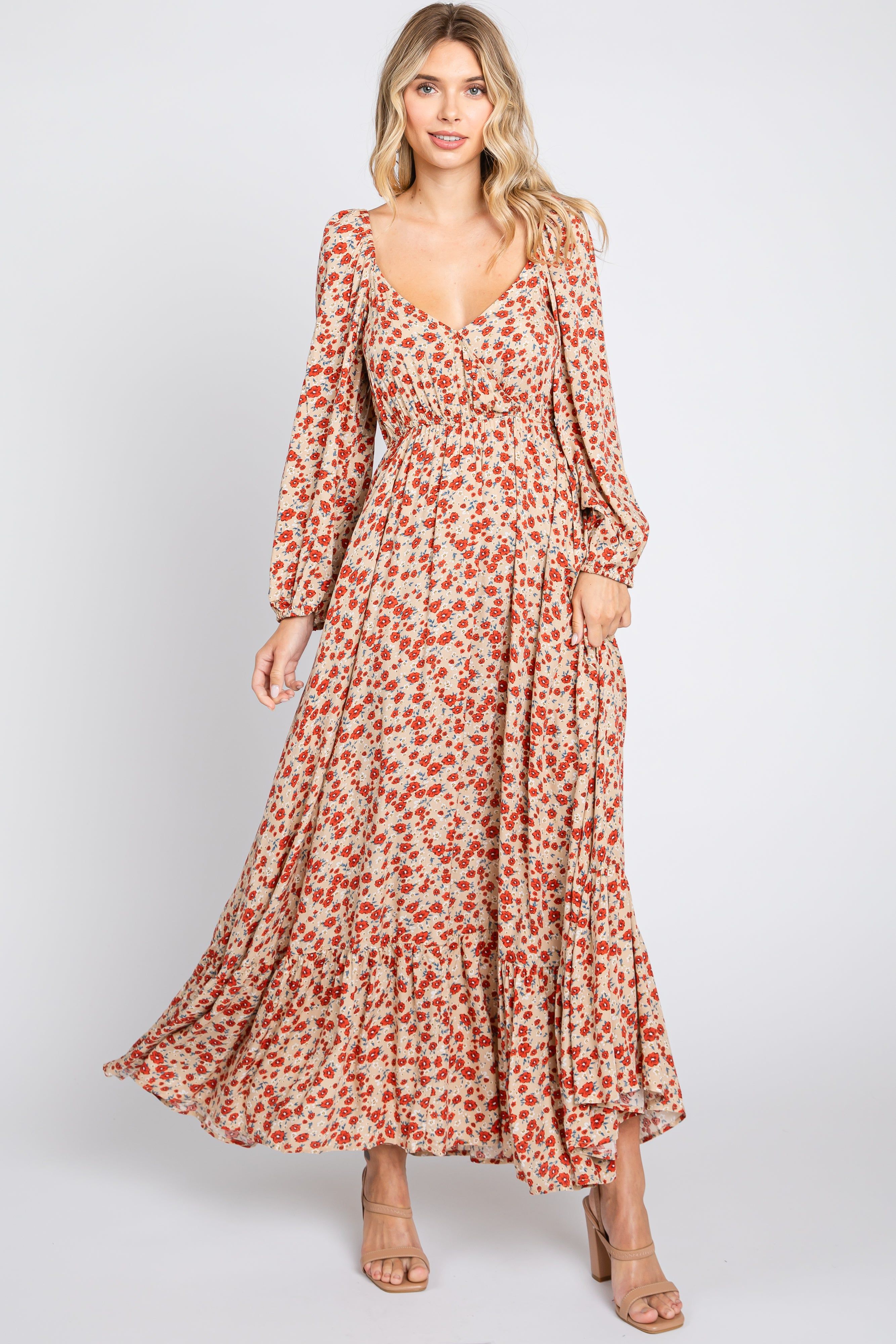 Beige Floral Square Neck Ruffle Maxi Dress sold by Pinkblush