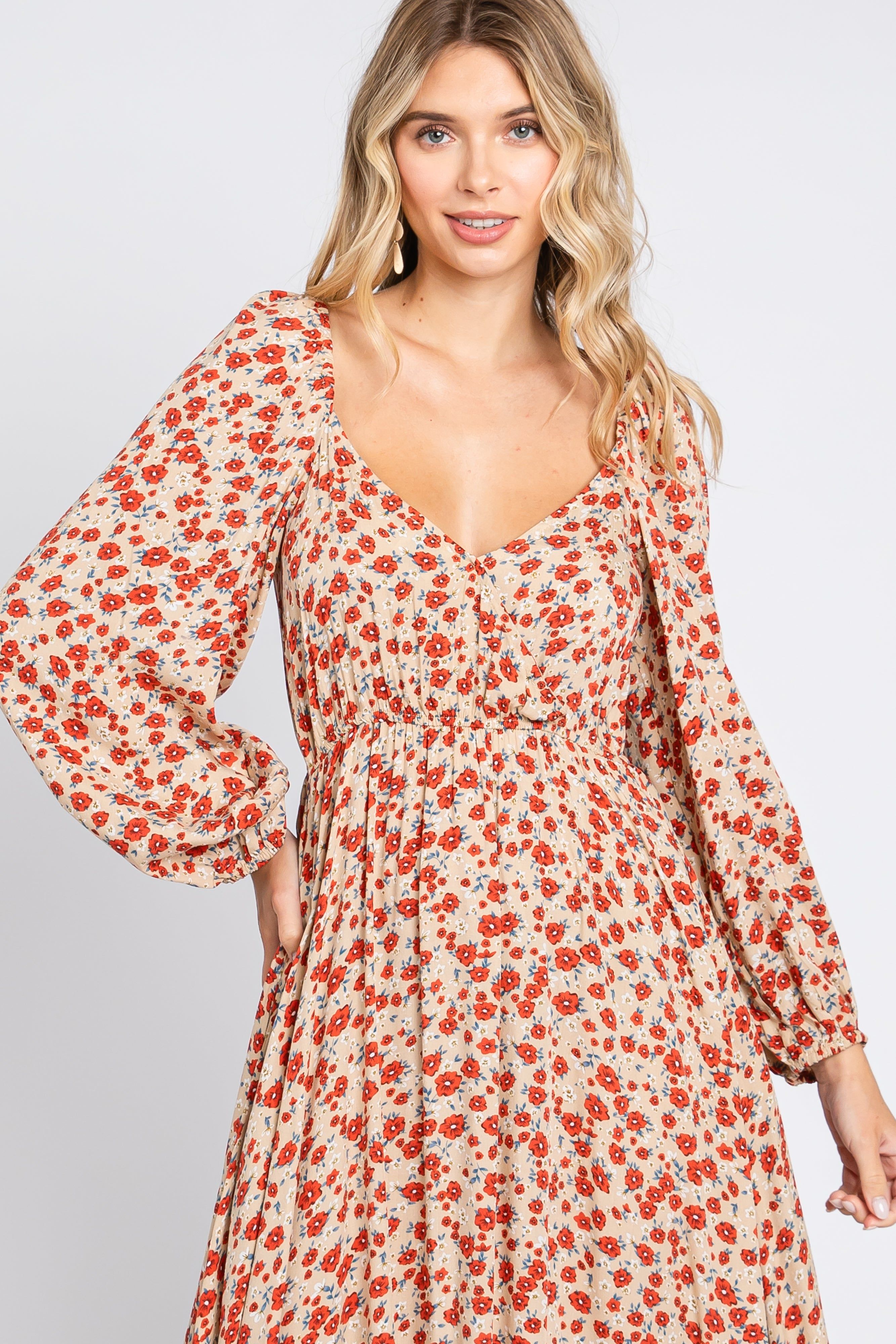 Beige Floral Square Neck Ruffle Maxi Dress sold by Pinkblush product image thumbnail 5