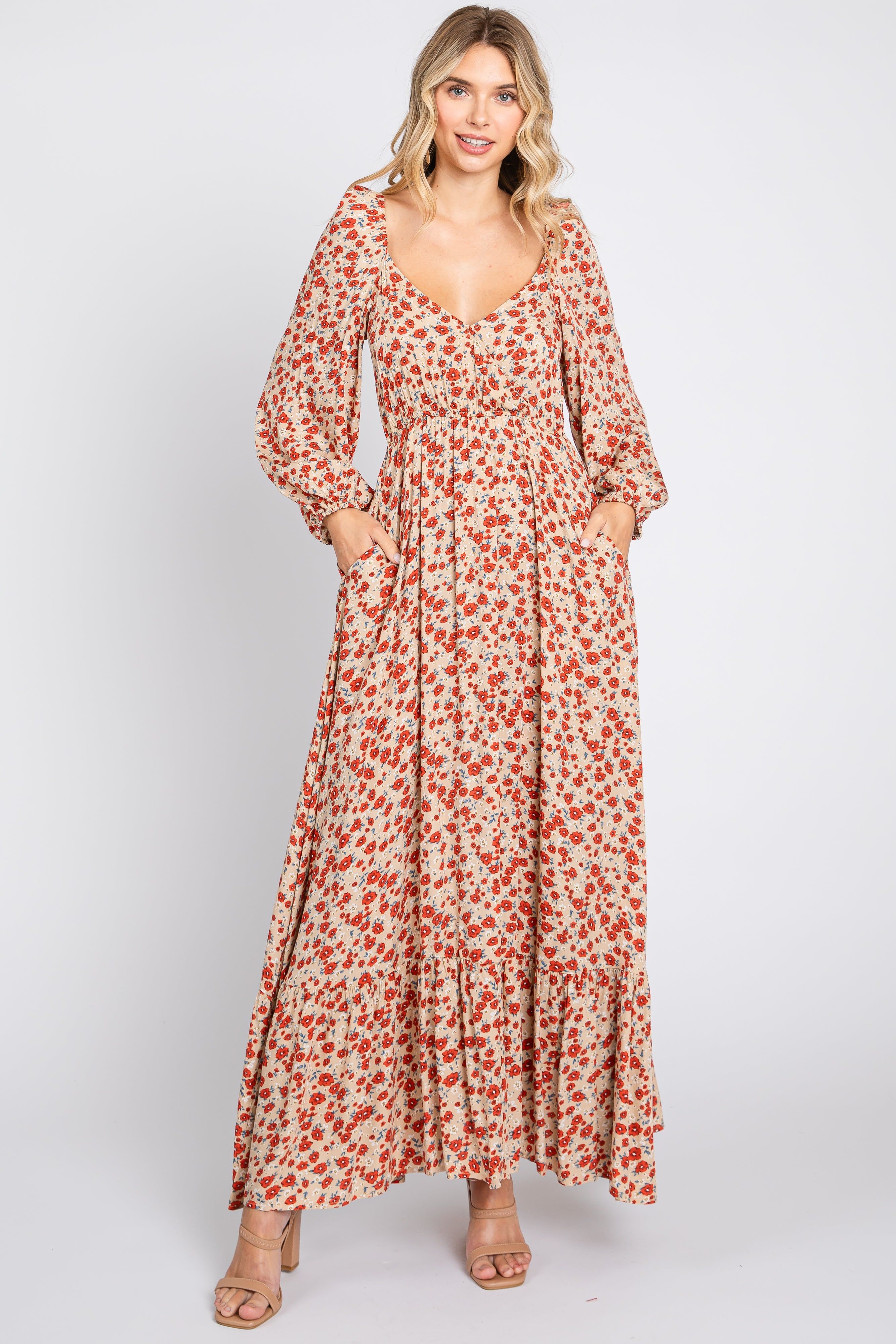 Beige Floral Square Neck Ruffle Maxi Dress sold by Pinkblush product image thumbnail 2
